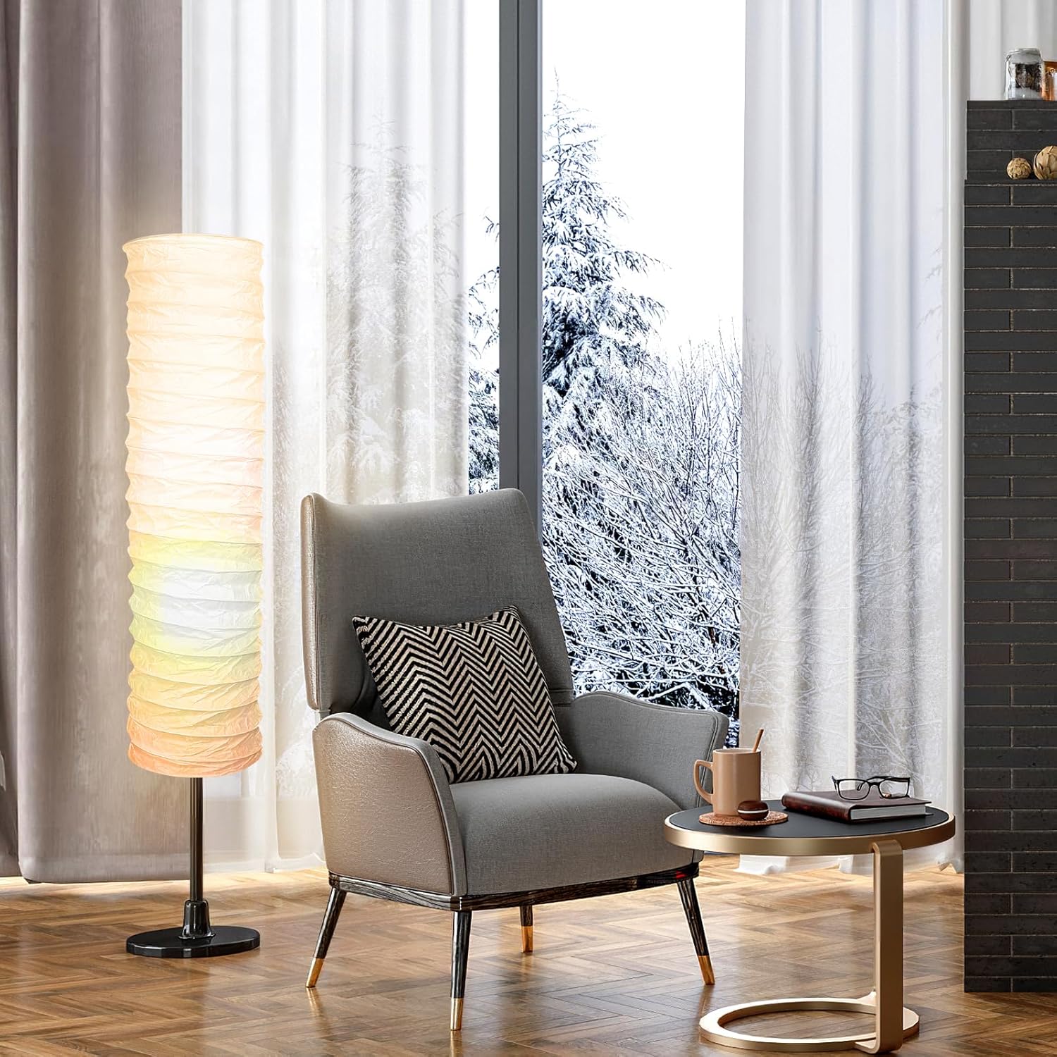 Paper Floor Lamp Shade Replacement, 37-Inches Tall Foldable Floor Light Cover Replacement Japanese Style Rice Paper Lampshade for Bedroom Home Hotel Bedside Desk, White