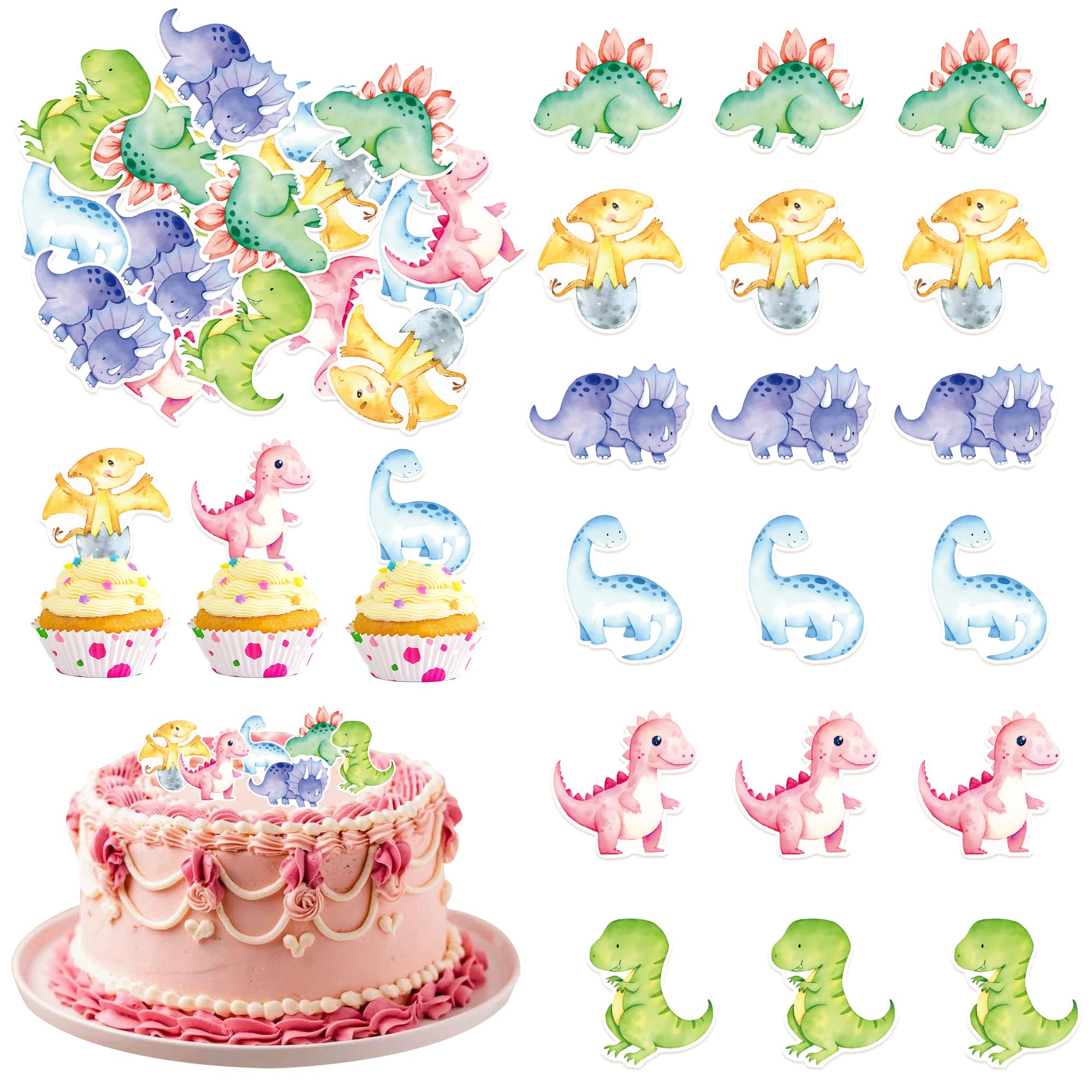 48Pcs Edible Cupcake Toppers Wafer Paper Watercolor Dinosaurs Cake Topper Picks for Dinosaur Theme Baby Shower Kids Boys Girl Dinosaur Theme Birthday