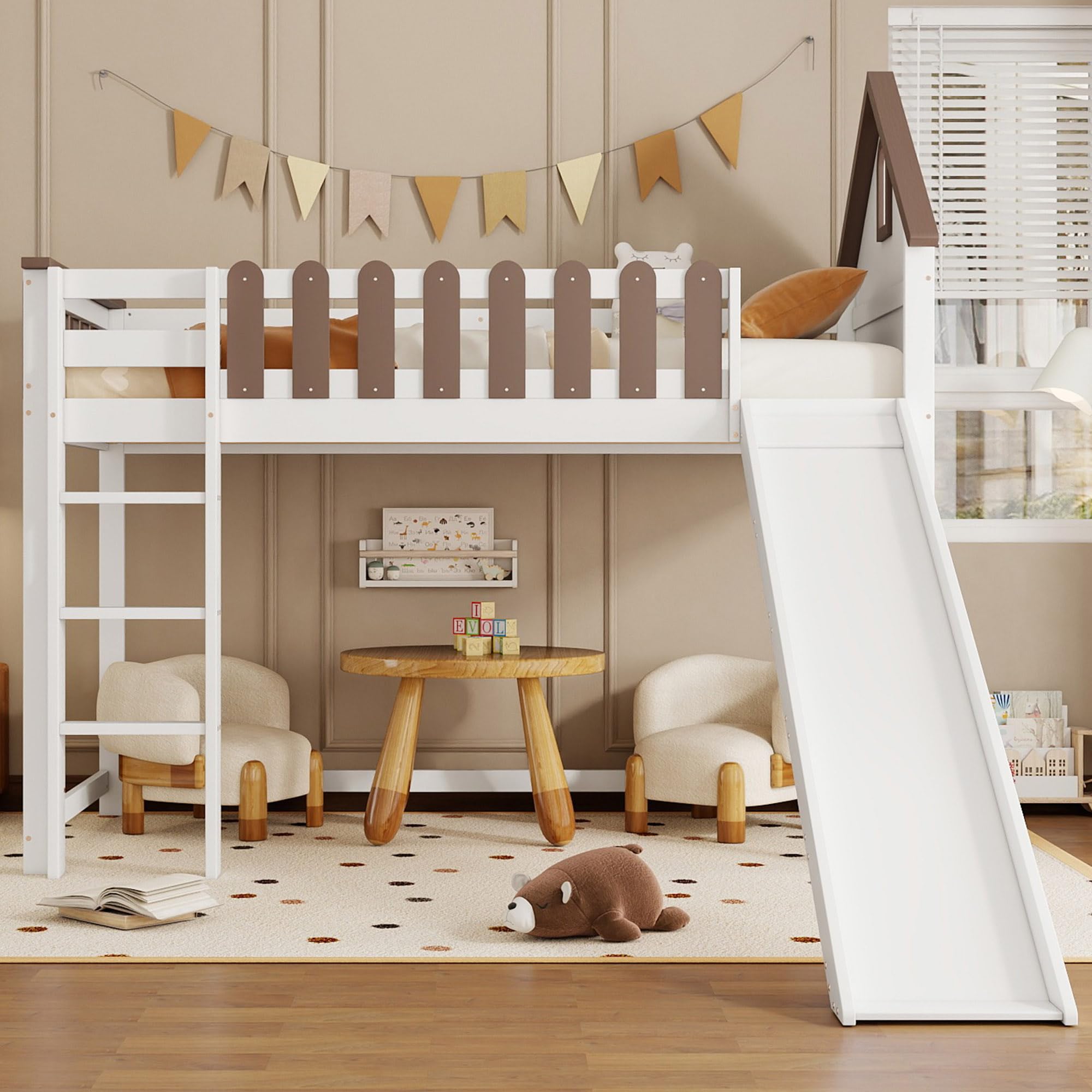 Hochbett, Mit Dach und Fenster, Mit dreistufiger gerader Leiter, Jugendbett, Kinderbett mit Rutsche, Kiefer+MDF, Weiß+Walnuss, 90x200cm