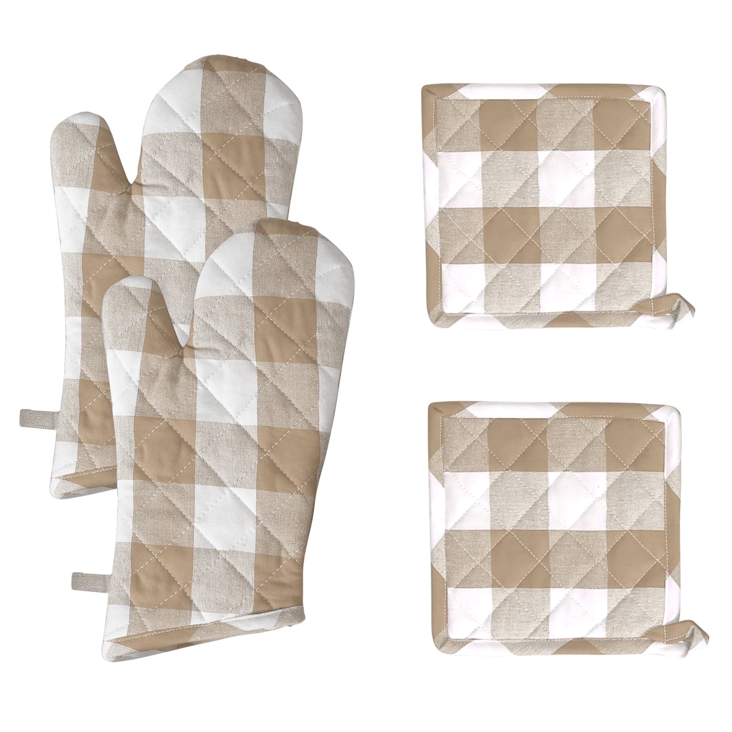 Native Fab Buffalo - Set di 4 guanti da forno e presine a quadri in 100% cotone, resistenti al calore, 2 guanti da forno (7 x 13), 2 presine (8 x 8) per cucinare e cuocere, beige bianco