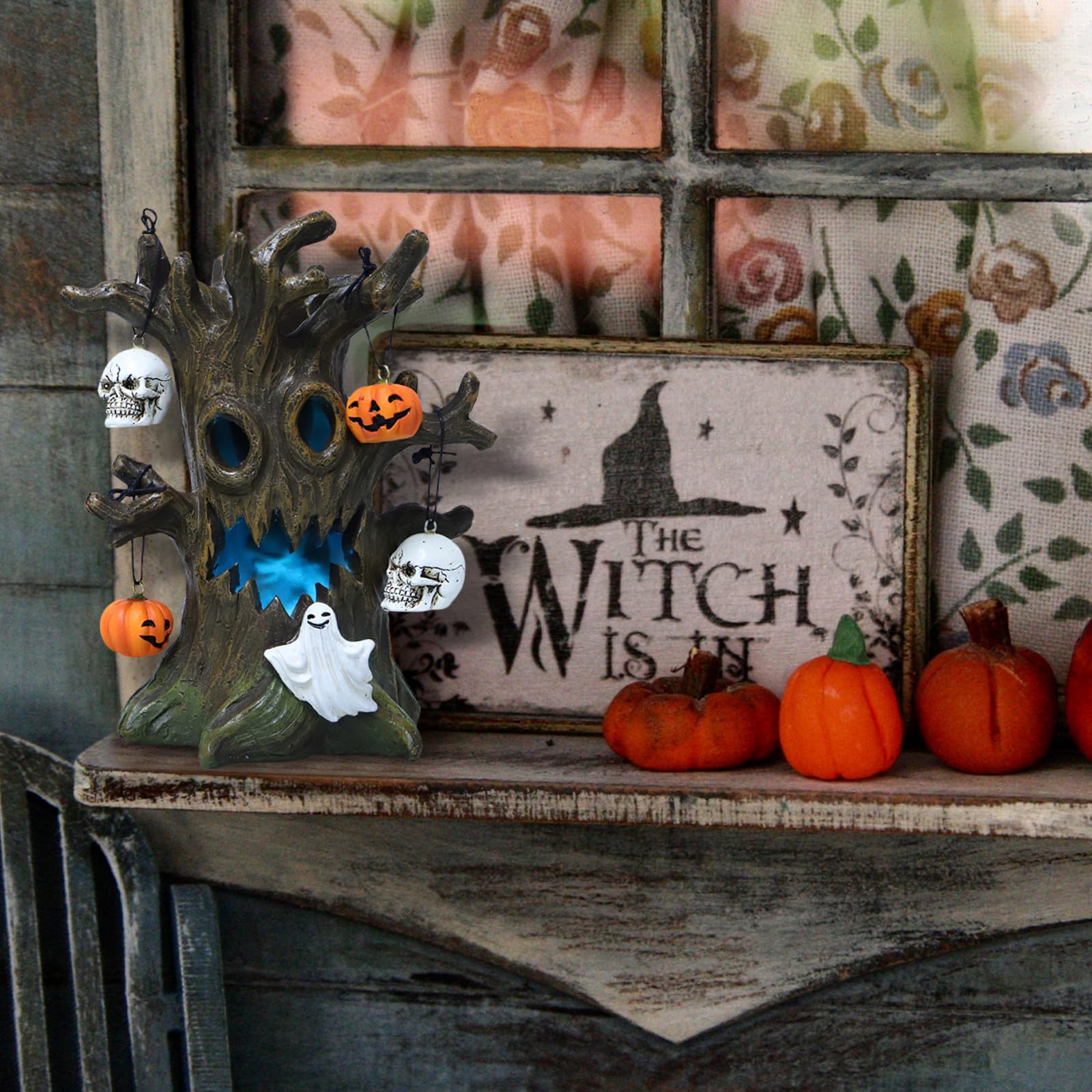 Kichvoe Decorazione di Halloween in Resina Teschio, Zucca e Albero Luminoso, Atmosfera Spettrale la Casa, per Addobbi Festivi Interni e Tavoli