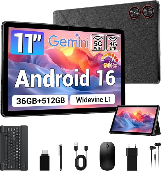 LORDWIT Android 16 Tablet 11 Zoll, 36GB RAM 512GB ROM/1TB TF, Dual SIM 4G LTE + 5G WiFi, 90Hz HD IPS Display, Octa Core, Widevine L1,WLAN, GPS, Tablets mit Tastatur/Hülle/Kopfhörer/Maus/Touch-Stift - 1