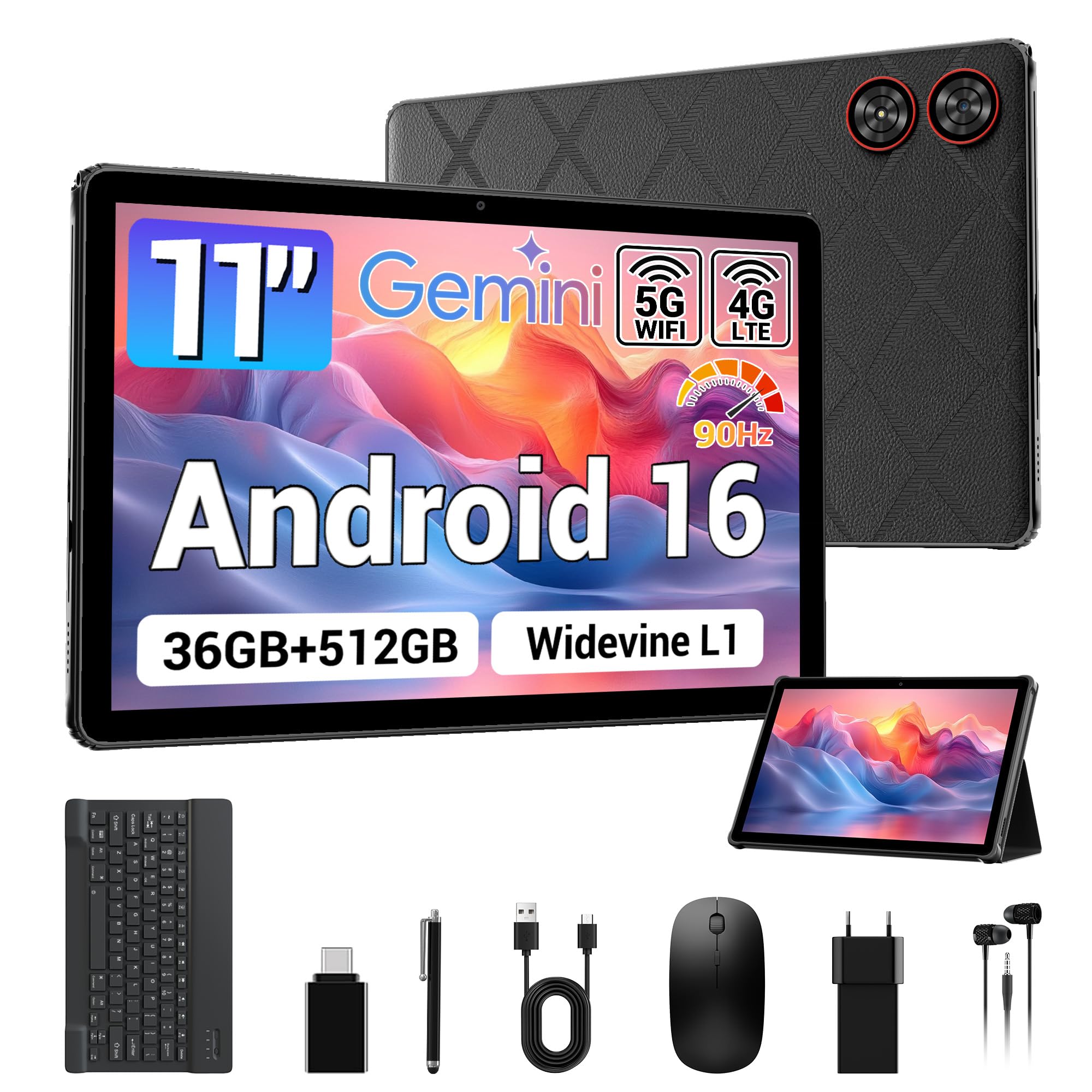 Android 16 Tablet 11 Zoll, 36GB RAM 512GB ROM/1TB TF, Dual SIM 4G LTE + 5G WiFi, 90Hz HD IPS Display, Octa Core, Widevine L1,WLAN, GPS, Tablets mit Tastatur/Hülle/Kopfhörer/Maus/Touch-Stift