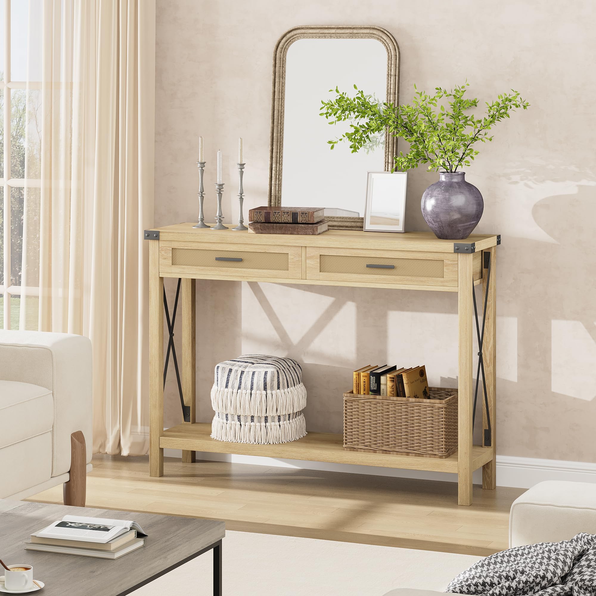 Litake Konsolentisch Rattan mit 2 Schubladen& Offene Ablage, Flurtisch Eingangstisch Schmaler Sofatisch für Wohnzimmer, Arbeitszimmer, Eingangsbereich oder Fernsehwand
