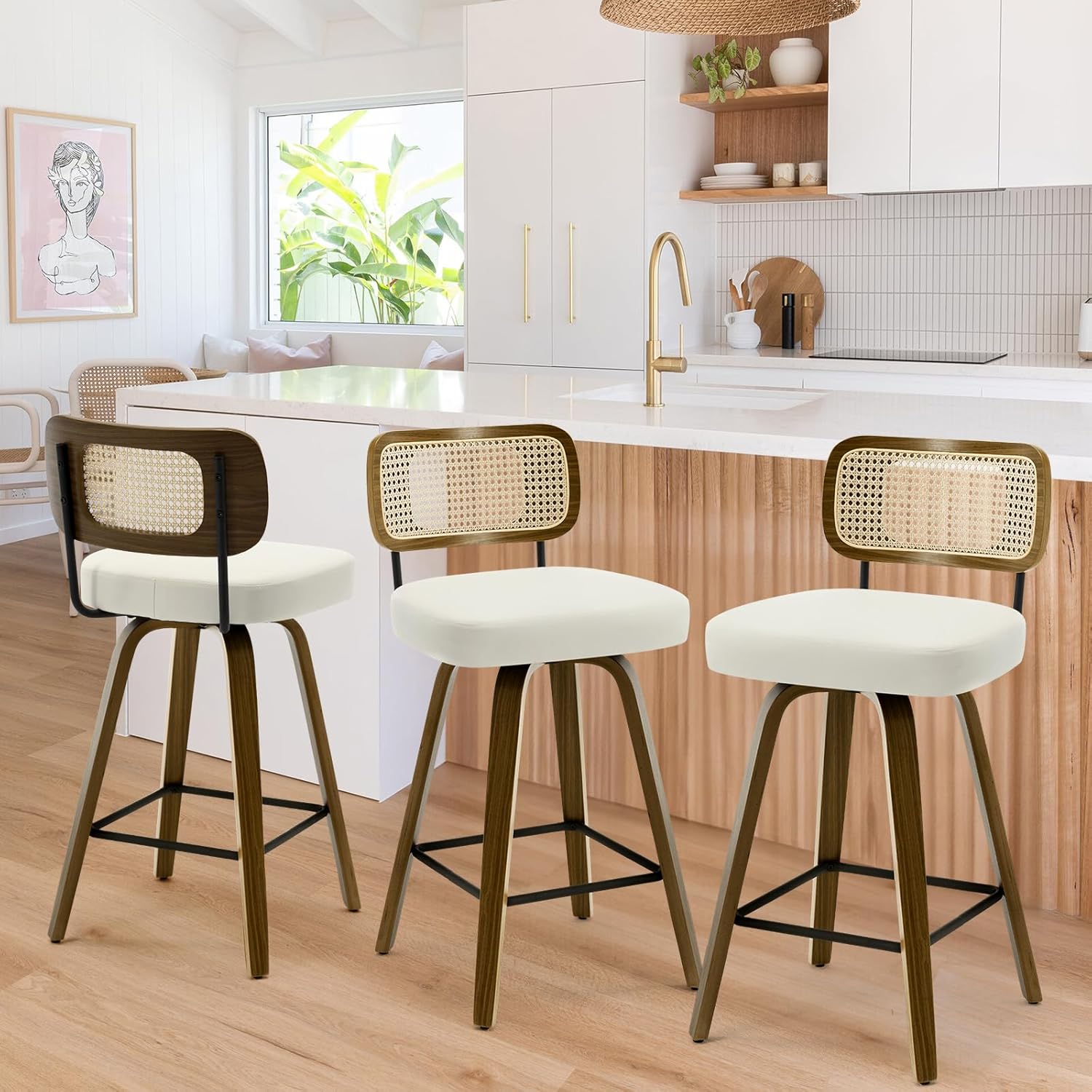 Bekrvio Swivel Counter Height Bar Stools Set of 3, Upholstered Faux Leather Barstools with Rattan Back, 26" Seat Height Bar Chairs for Kitchen Island, Bentwood Wood Frame, Cream White