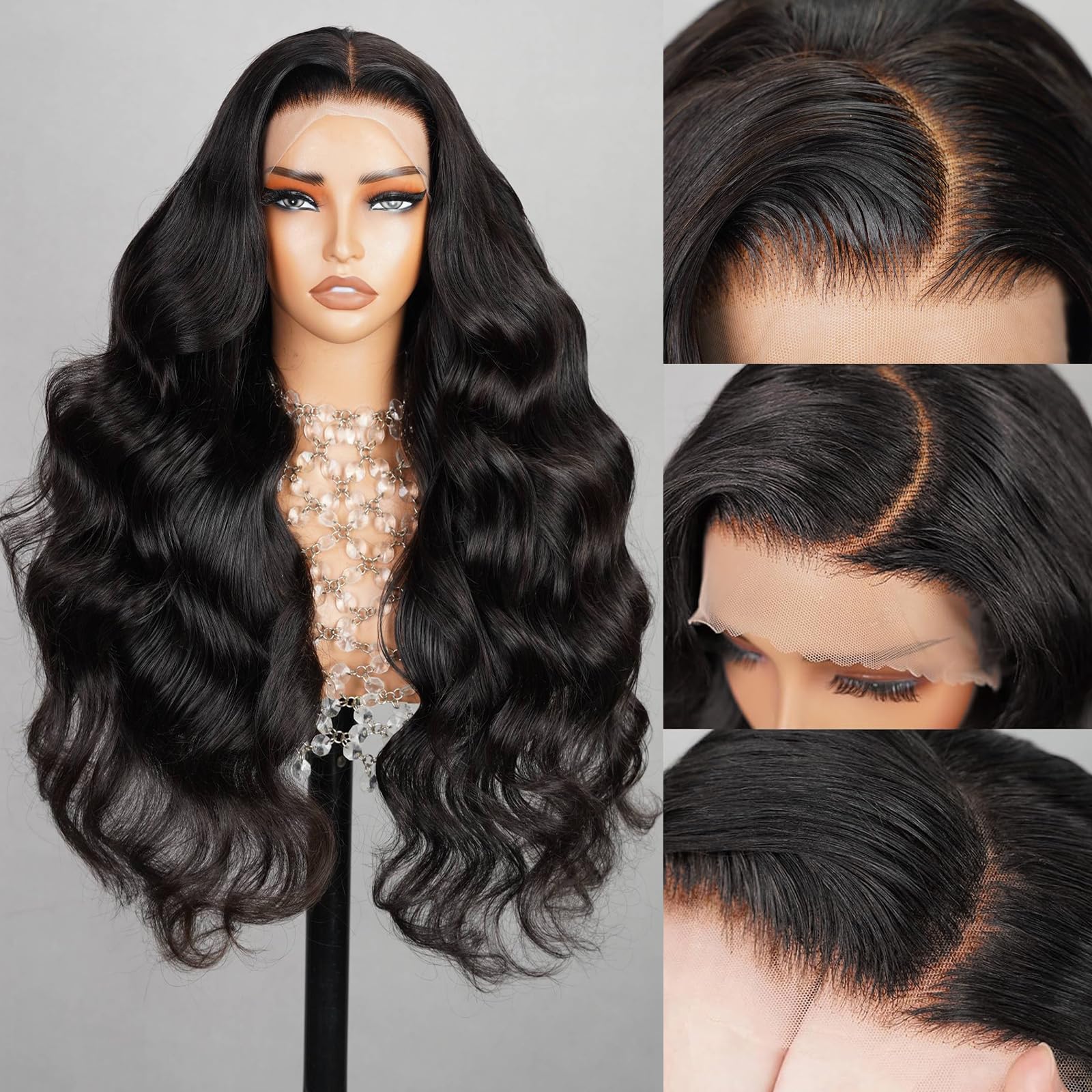 Upgraded Glueless Wigs Bleached knots Body Wave Human Hair 13x4 Pre Cut Lace Front Wigs for Women 200% Density Human Hair Wig Pre Plucked with Baby Hair Natural Color 28 Inch