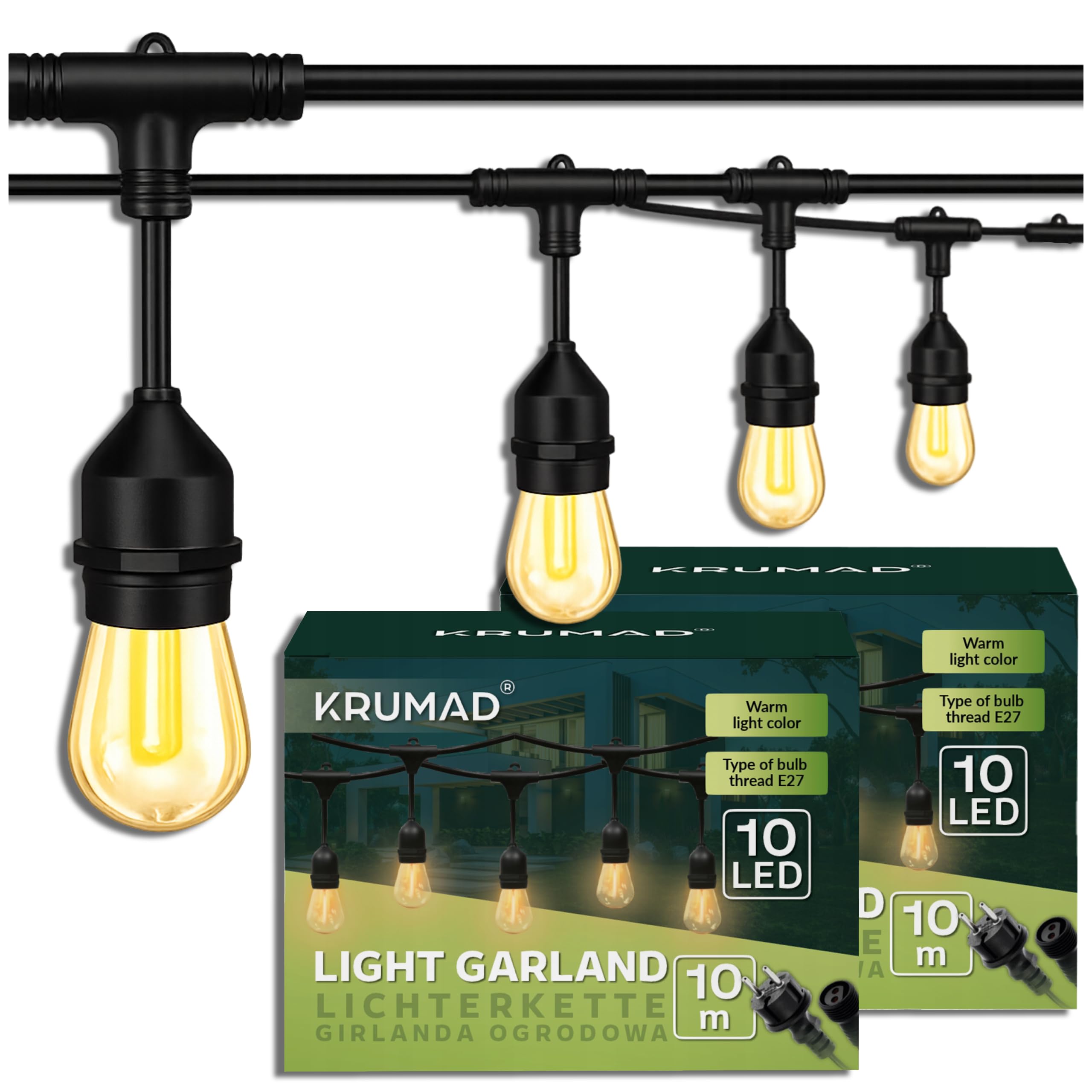KRUMAD Cadena de luces LED para exteriores de 20 metros, E27, bombillas de luz cálida 2700K, resistente a la intemperie, cadena de luces para exteriores IP44 para jardín, balcón, terraza, decoración