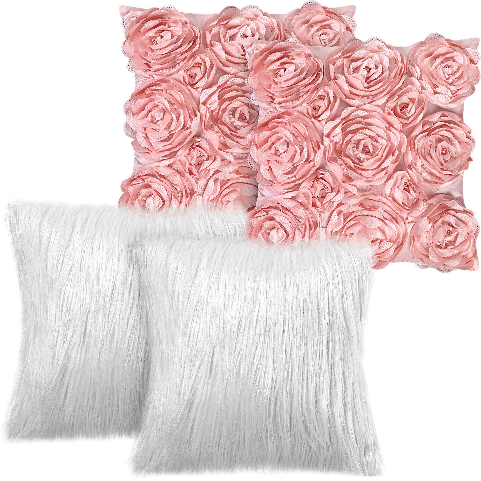 Oudain 3D Rose Flower Pillow Cover Faux Fur Throw Pillow Covers 16 x 16 Inch Soft Square Pillow Covers for Sofa Bedroom Car
