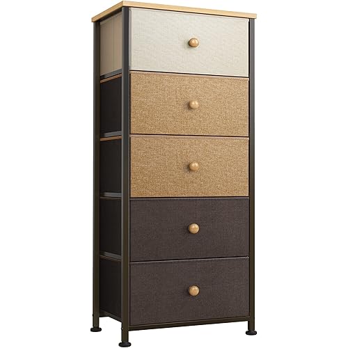 REAHOME 5 Drawer Dresser for Bedroom Storage Tower Closet Organizer Vertical Chest Sturdy Steel Frame Tall Dresser Wooden Top Removable Fabric Bins Hallway Entryway Office Organization YLZ5P1