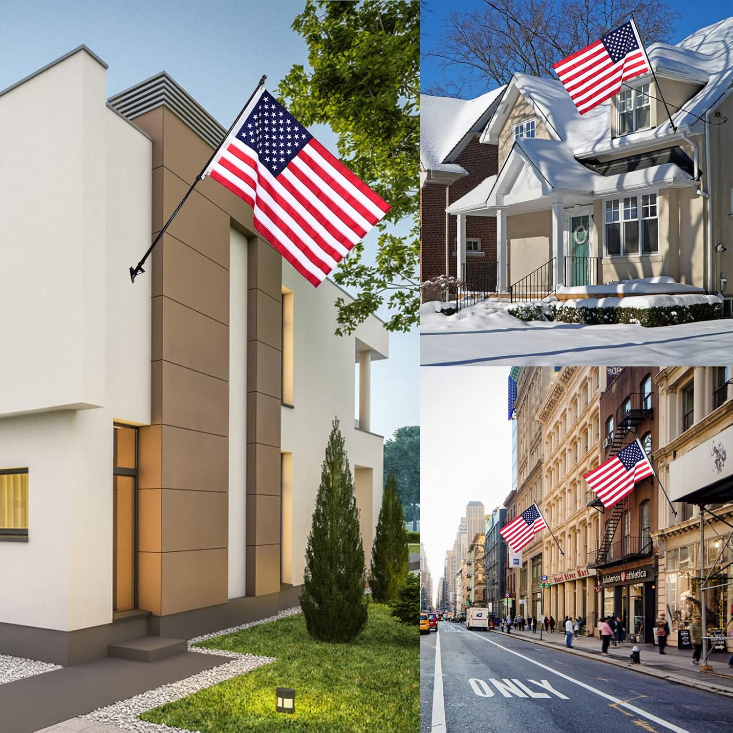 Quarut House Flag Pole Kit,Including 6Ft Stainless Steel Flag Pole,Heavy Duty Nylon 3x5 Ft American Flag,Aluminum Alloy Rings and Bracket.Wall Mounted Flagpole Set for Residential Commercial-Black