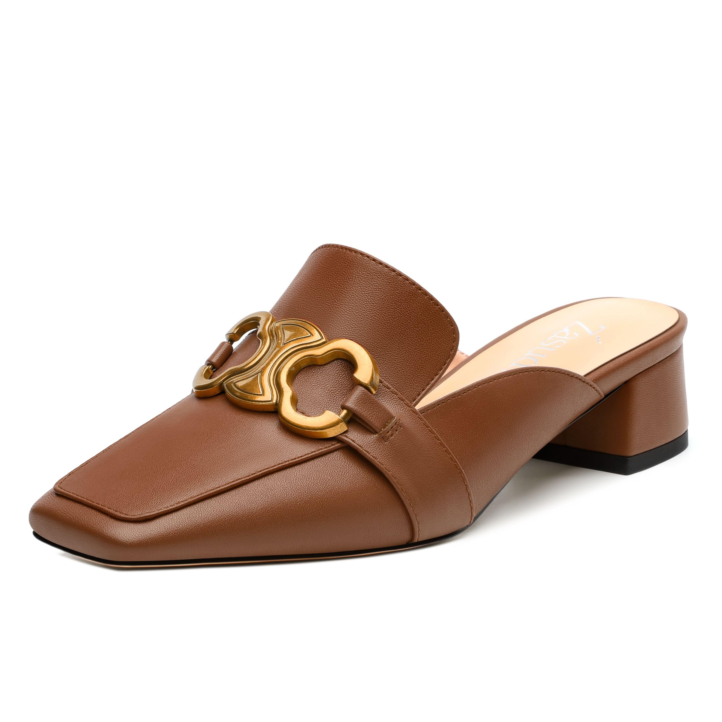 zasudxie Mules Shoes for Women, Women's Chunky Mules Square Toe Slip on Comfortable Dress Casual Low Heel Metal Buckle Backless Slides Loafer Shoes