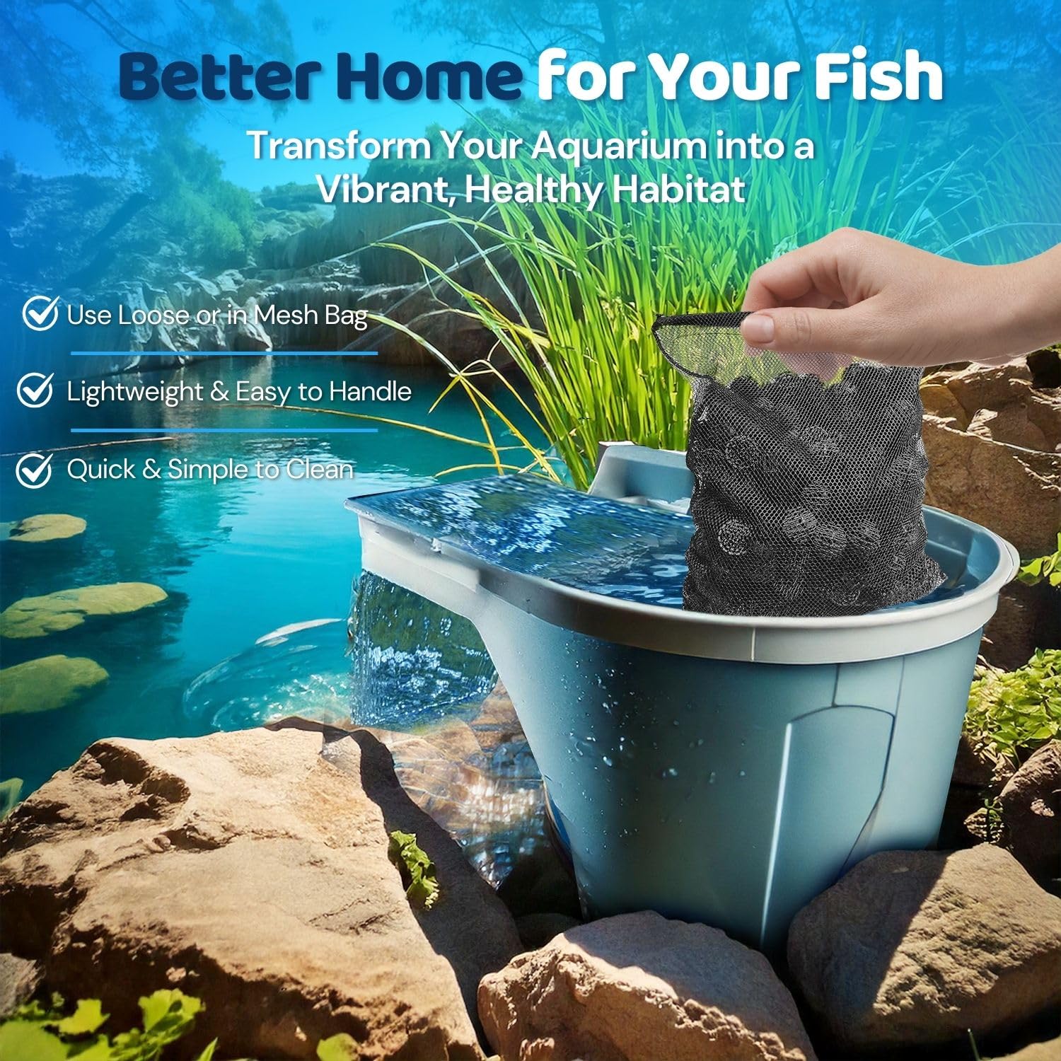 Flexzion Lot de 3 médias filtrants pour aquarium - Boules bio pour filtre d'aquarium, anneaux en céramique et granulés de charbon actif dans des sacs en maille - Filtration biologique, chimique et