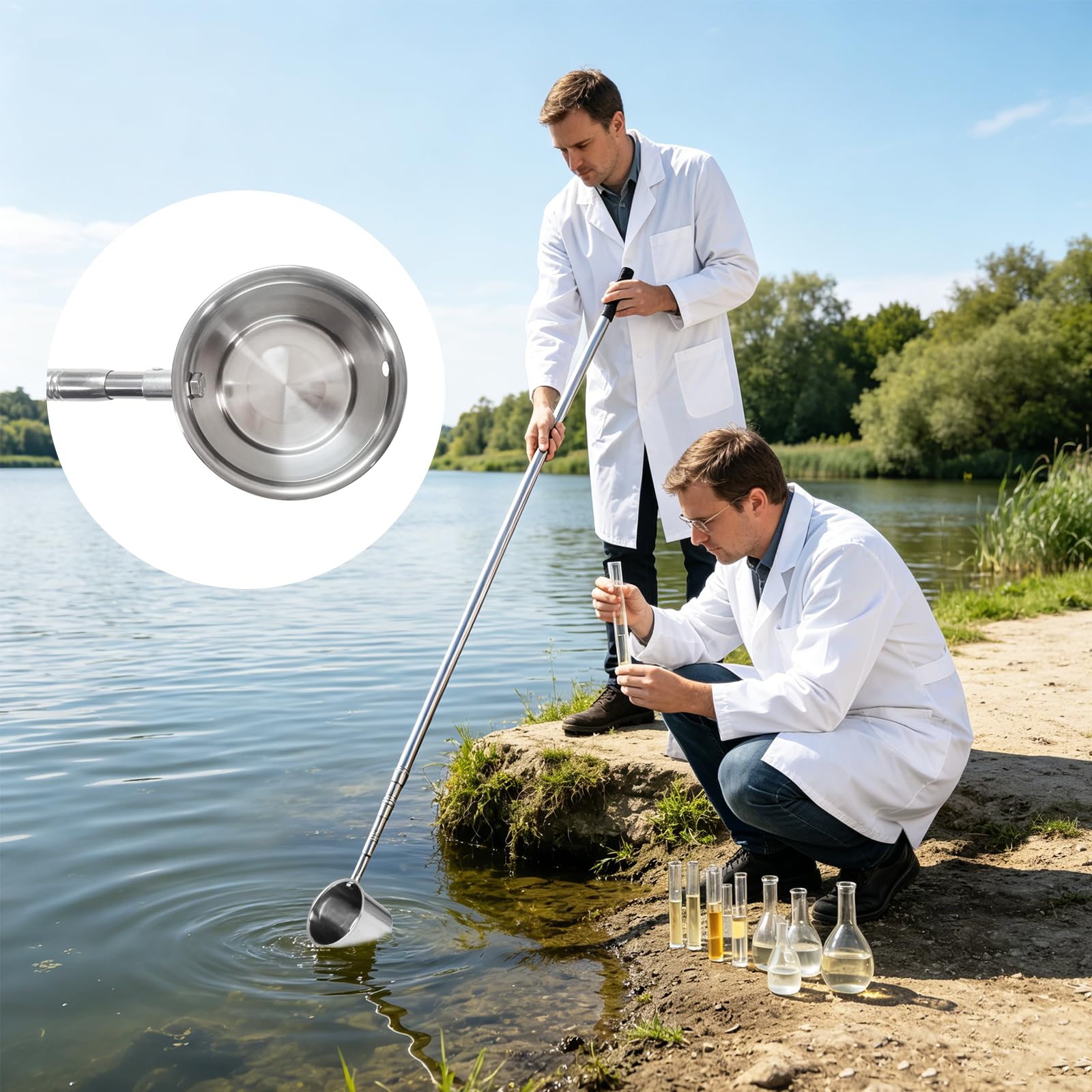 Cucchiaio telescopico per campionatore d'acqua da 1,1 m a 3 m, in acciaio inox, con mestolo da 600 ml, asta per campionamento d'acqua (1,1 m-3 m)