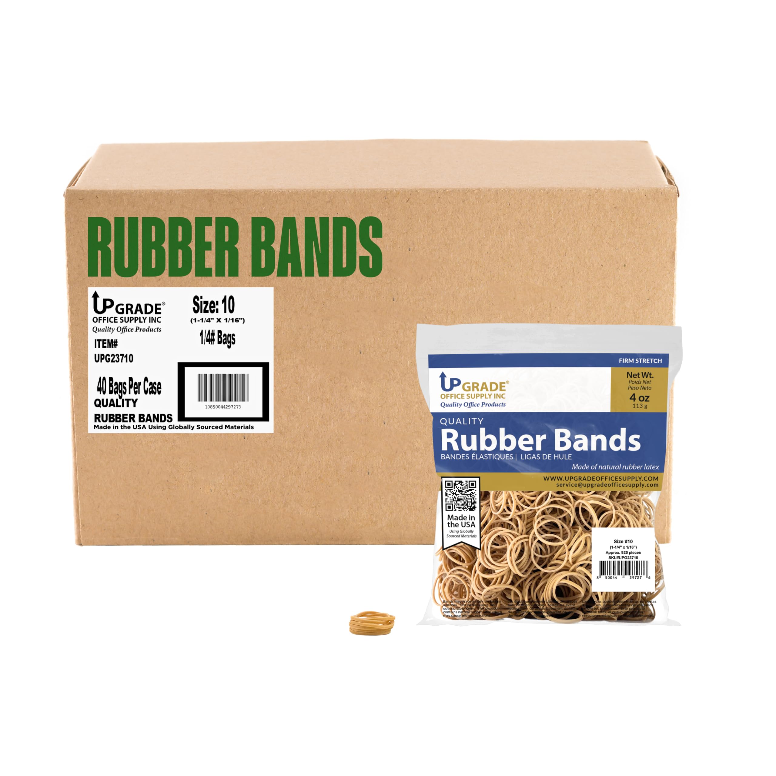 Upgrade Office Supply UPG23710PCS Rubber Bands, Size 10 (1-1/4 in x 1/16 in), 925 Bands, 1/4 lb, 40-Pack Case, USA