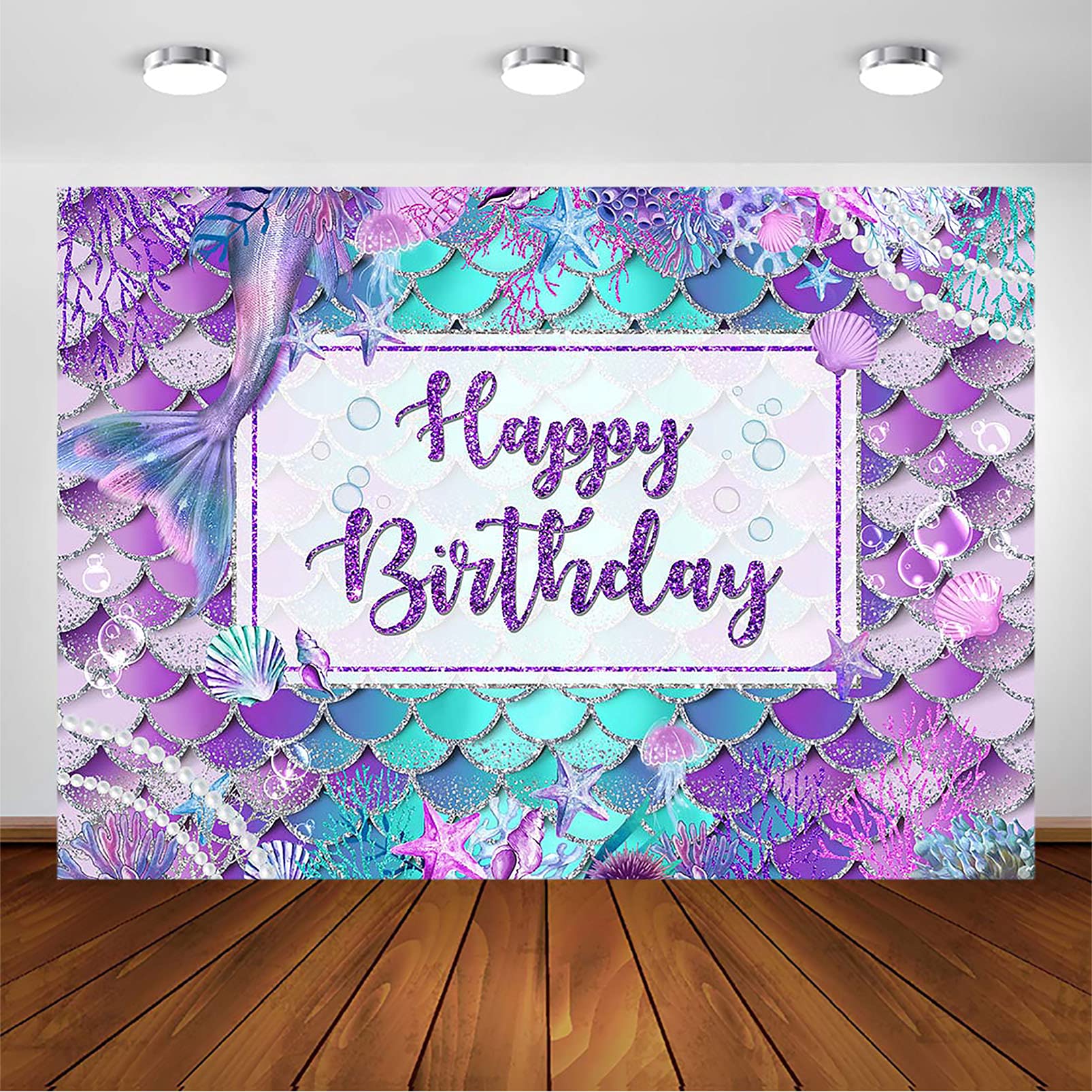 Avezano Mermaid Birthday Backdrop for Girl Under The Sea Bday Party Photography Background Glitter Purple Green Aqua Pink Mermaid Tail Birthday Party