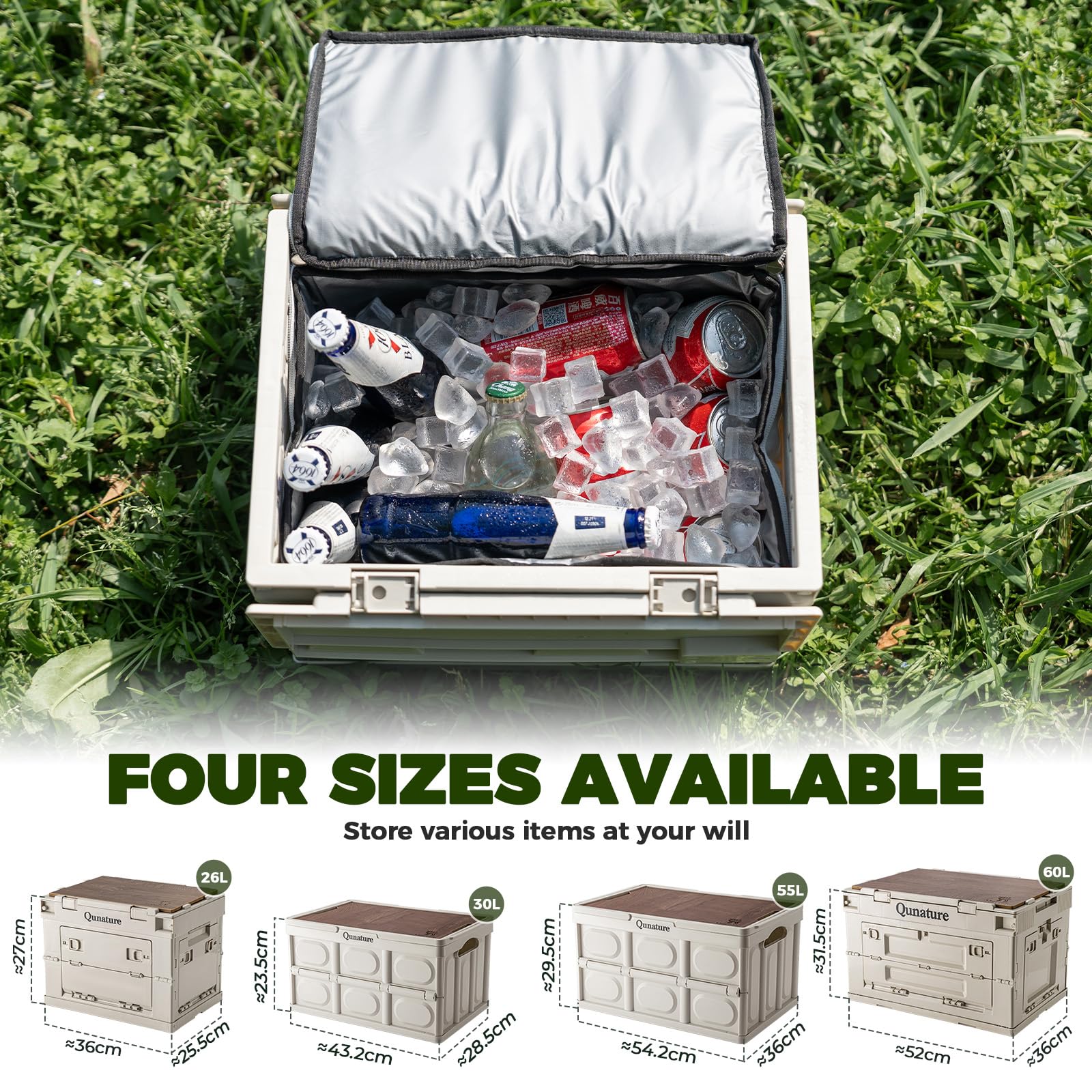 Scatola Portaoggetti da Campeggio 55L Pieghevole e Impilabile | Con Copertura in Legno, con Manico, Grande Contenitore Portatile in PP, Organizer per Bagagliaio Auto, Armadio, Casa, Picnic
