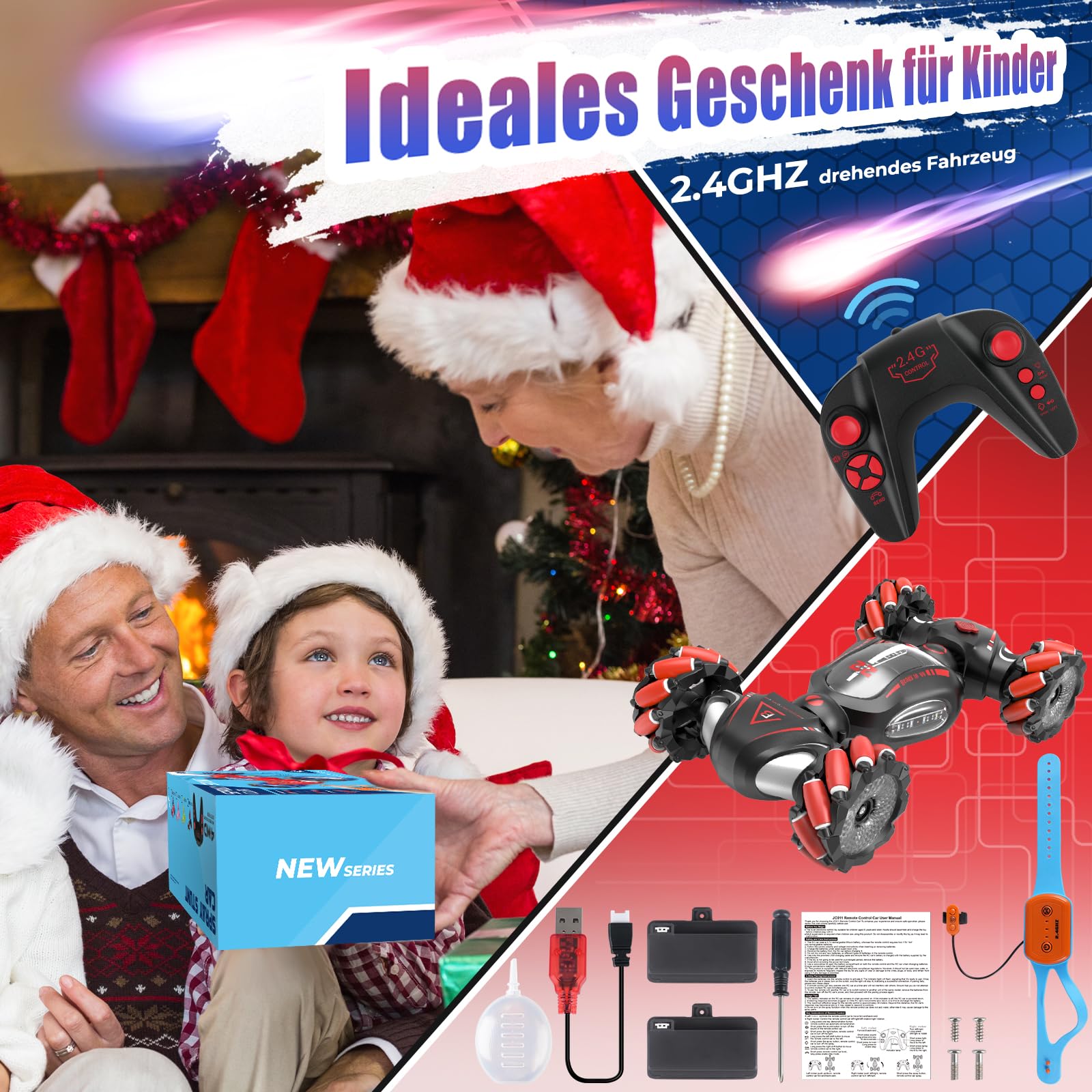 Fosgoit Ferngesteuertes Auto Spielzeug Weihnachten Geschenk Junge Kinder 6 7 8 9 10 Jahre 1:18 Ferngesteuert Auto mit Handsteuerung Fernbedienung Sprüher LED-Licht Stunt 2.4Ghz 4WD RC Drift Car