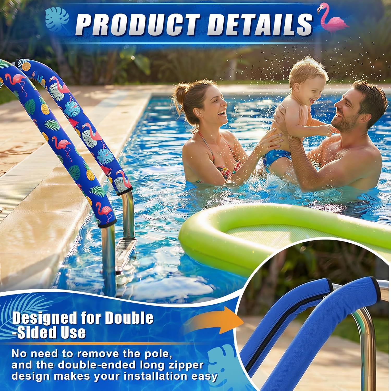 2PCS 6FT Double-Side Pool Handrail Covers with Zippers,Slip Resistant Pool Railing Covers,Safety Railing Grip Handles Sleeve for Inground Swimming Pool Ladder Handles