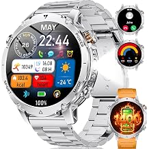 SUNKTA Military Smart Watches for Men,1400mAh Battery Smart Watch with Flashlight,1.7" HD Screen 5ATM Waterproof Fitness Tracker Smartwatch with 110+ Sport Modes,for iOS Android(2 Bands/Silver)
