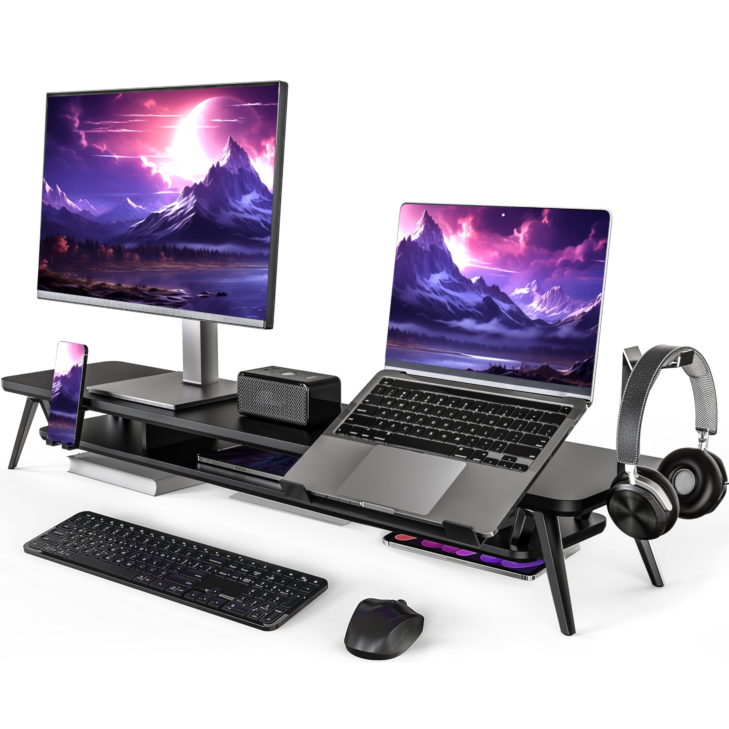 Fenge Supporto per Doppio Monitor con Supporto per Laptop/Telefono, Supporto per Computer a 2 Strati con Ampio Spazio di Archiviazione, 108x23,5x14,5cm Capacità di Carico 50KG (Nero)