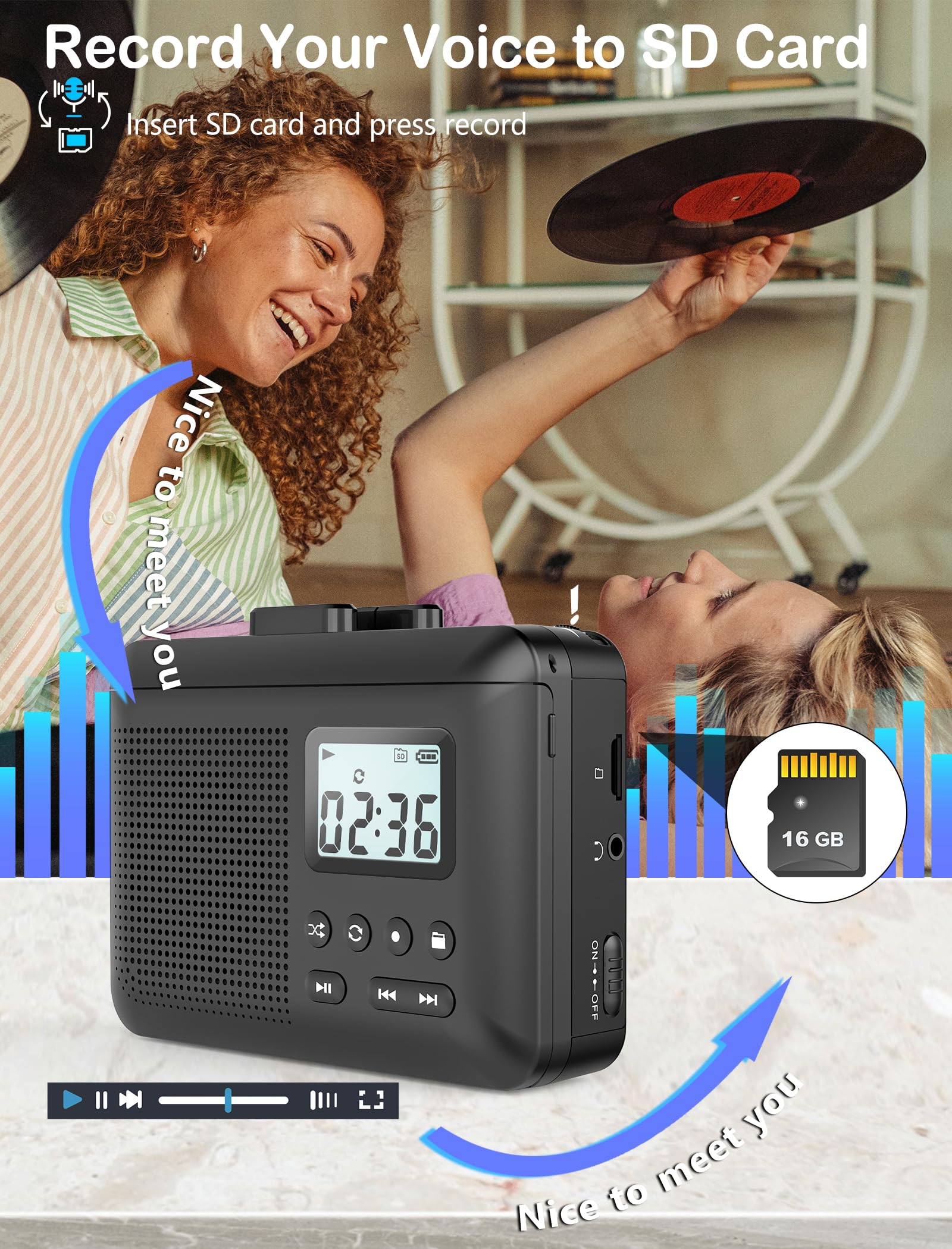 Tragbarer Kassettenspieler, Kassette zu MP3 über SD-Karte, Walkman-Kassettenspieler mit 1000 mAh Akku, eingebautem Mikrofon und Lautsprecher, Kopfhöreranschluss, 16 GB SD-Karte (schwarz)