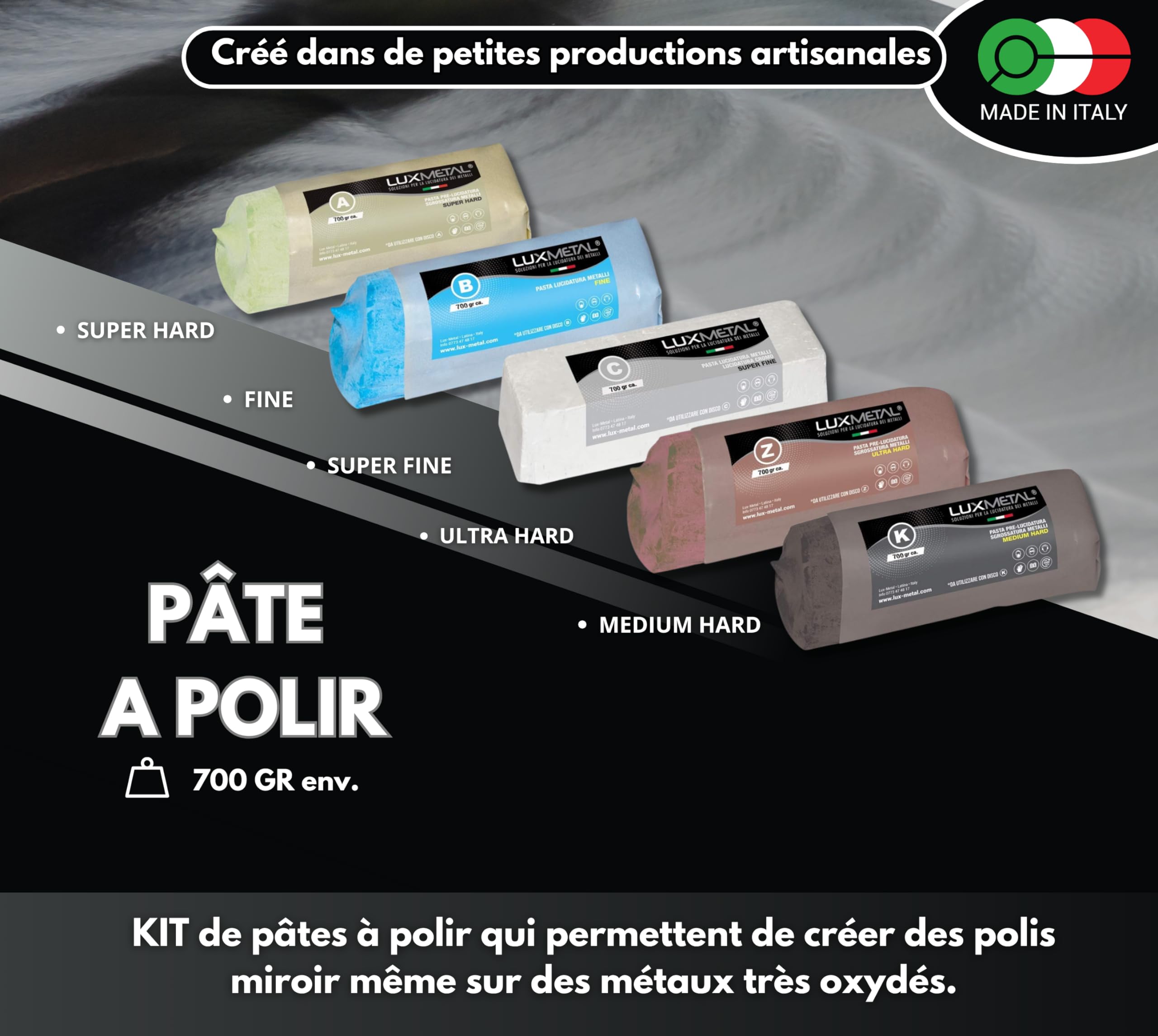 Kit 5 Pâtes abrasives Polissant 700 gr A-B-C-Z-K Set Polissage Acier Inoxydable Cire Solide Pour Polissage Métaux Miroir Aluminium Poli Chrome Plexiglass Marbre Laiton Cuivre Plastique