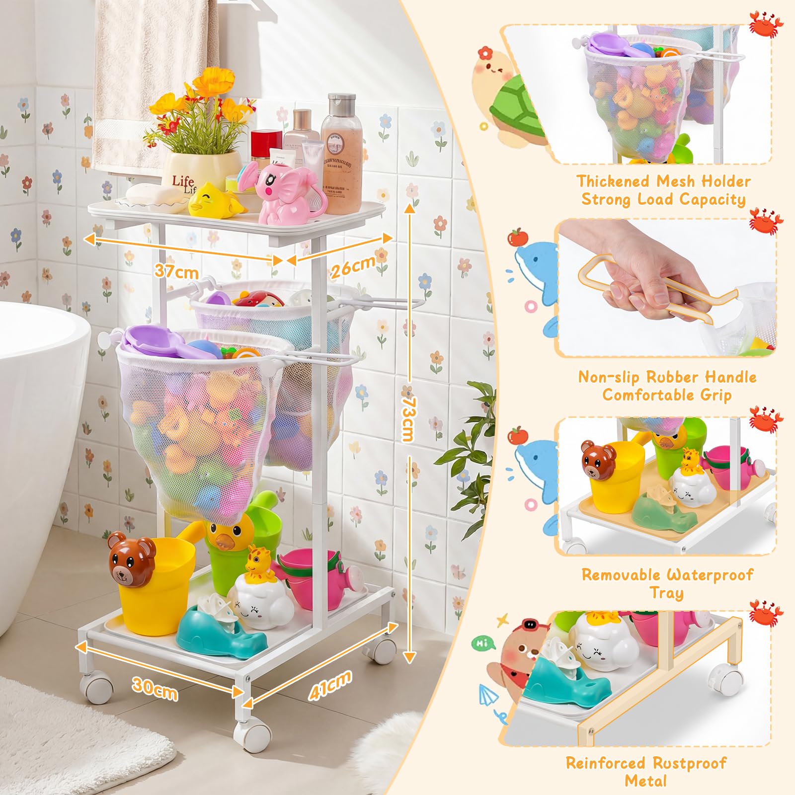 Organizador Juguetes de Baño - Carrito para Juguetes de Bañera con Ruedas | Carrito de almacenamiento para juguetes de baño de bebé, con 2 redes de secado rápido y estantes de ducha portátiles.