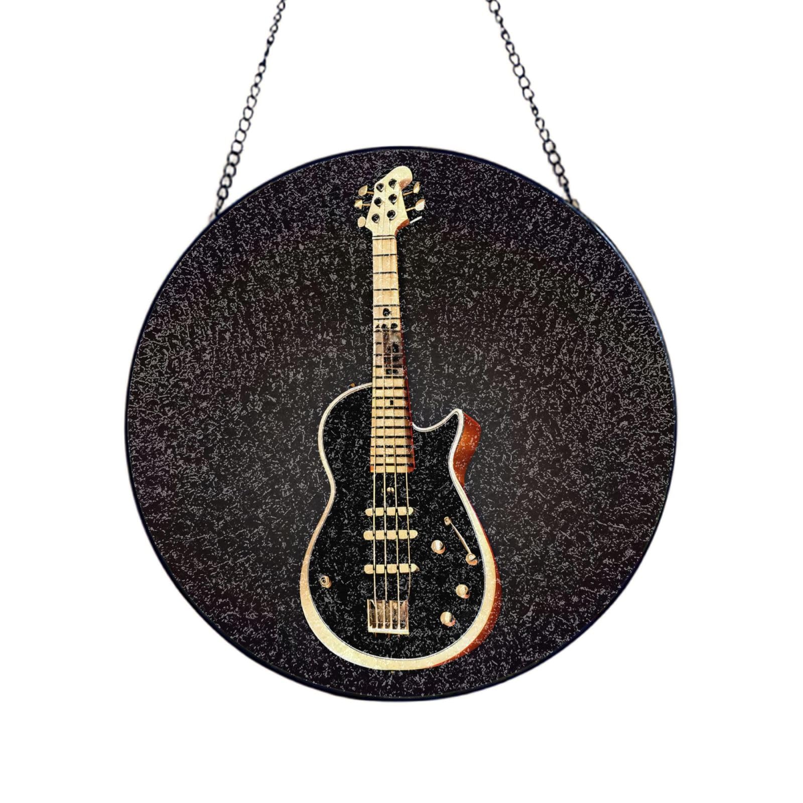 Phayah Black Guitar Print Glass Window Hanging Round Suncatcher Glass Ornament Garden Wall Fence Decorations Indoor Outdoor 4in（10cm）