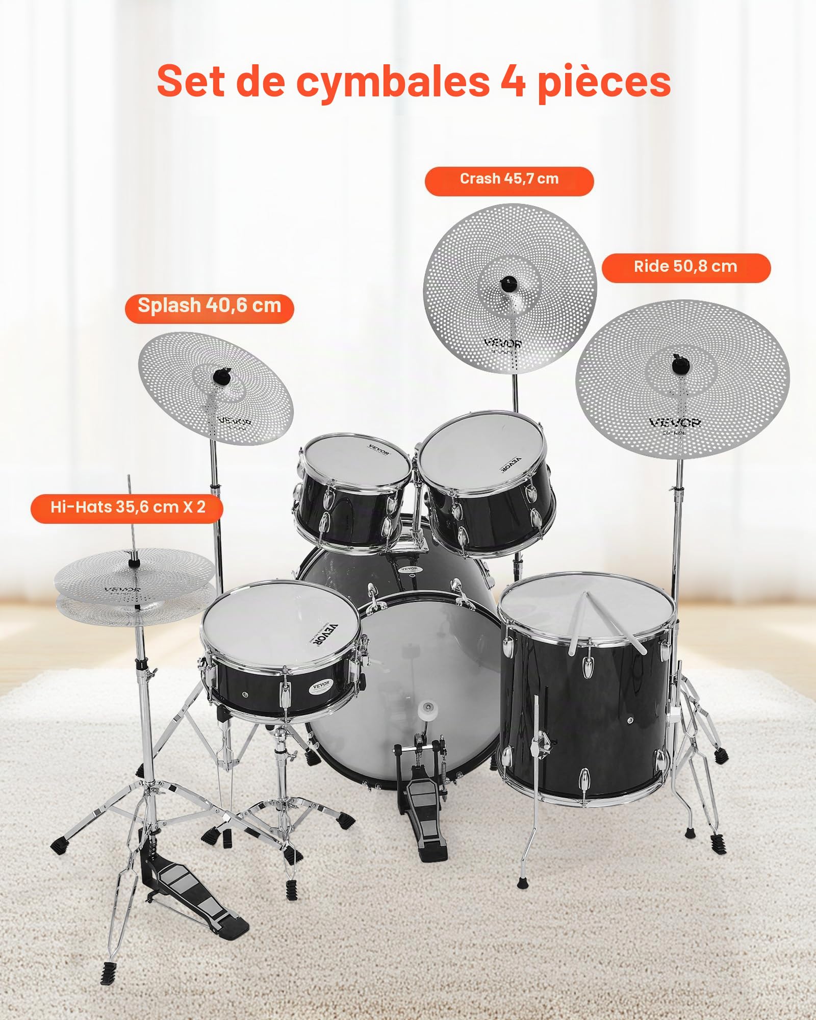 VEVOR Ensemble de Cymbales Batterie, Cymbale Charleston 355 mm, Crash 400 mm, Crash 455 mm, Ride 505 mm, avec Baguettes, Sac de Rangement, Lot de 4 Cymbales à Faible Volume, Couleur Argent Brillant