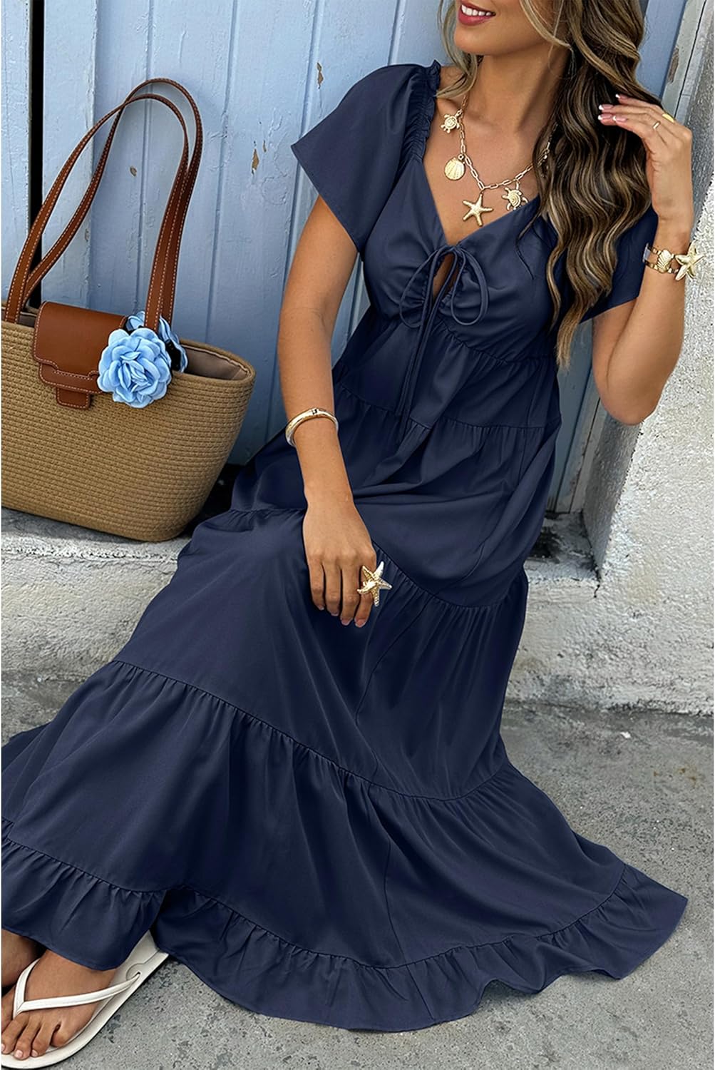 ECOWISH Womens Summer Maxi Dress 2026 Flutter Short Sleeve V Neck Tie Front Wedding Guest Vacation Tiered Flowy Dresses - Image 3