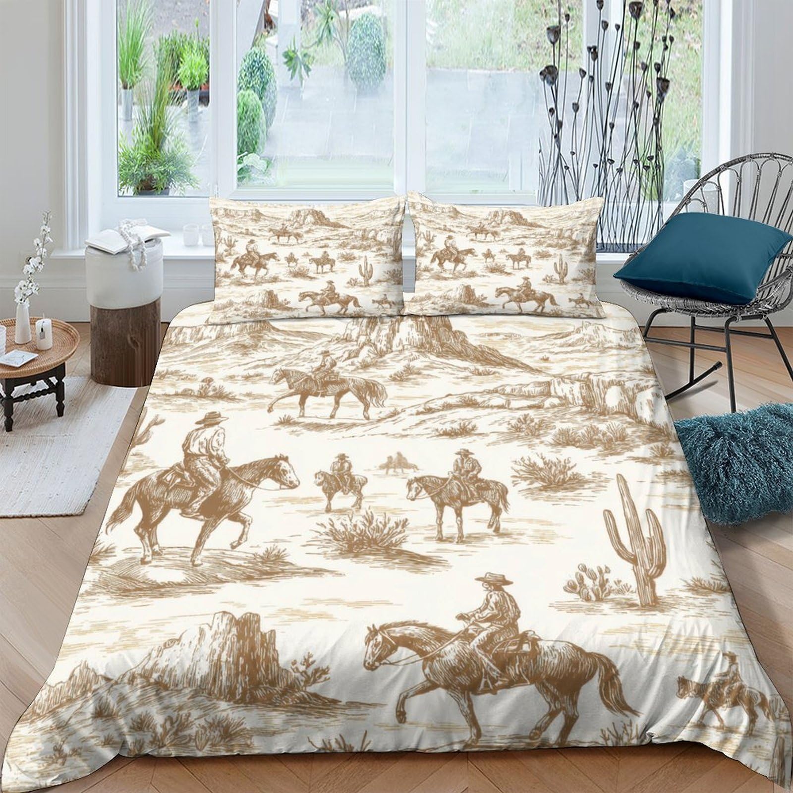 Ctjqhvkz Style-2 3D Printed Western Cowboy Fitted Sheet Microfiber Brown Vintage Horse Cactus Mattress Cover For Bedroom Home Decor Single（135X200cm）