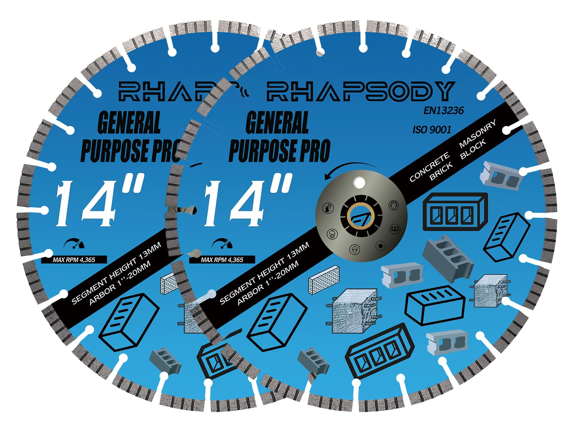RHAPSODY 14 Inch Diamond Concrete Saw Blade 2pcs, Turbo Segmented General Purpose Blade Dry/Wet Cutting Concrete, Reinforced Concrete, Masonry, Brick,