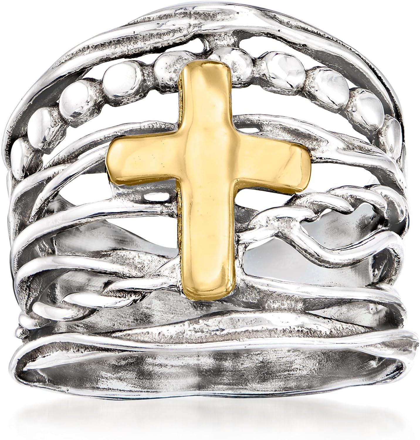 Ross-Simons Sterling Silver and 14kt Yellow Gold Multi-Row Cross Ring