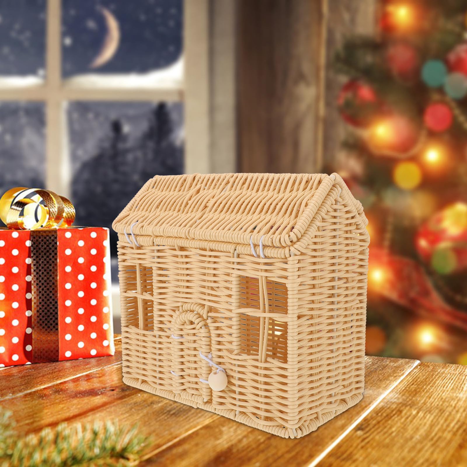 Cesta de Dulces Navideños de Plástico con Forma de Casa Beige, Tejida a Mano para Almacenamiento y Regalos en Ocasiones Festivas
