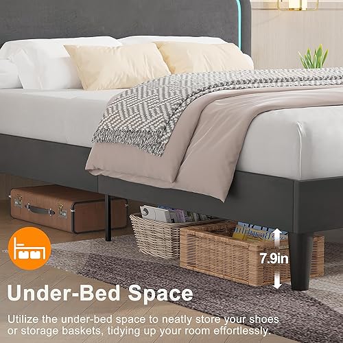 Miniatura 5 de VECELO Base de cama matrimonial tapizada con cabecero ajustable, luces LED, USB-A y tipo C, plataforma de terciopelo sin ruido, base de colchón con