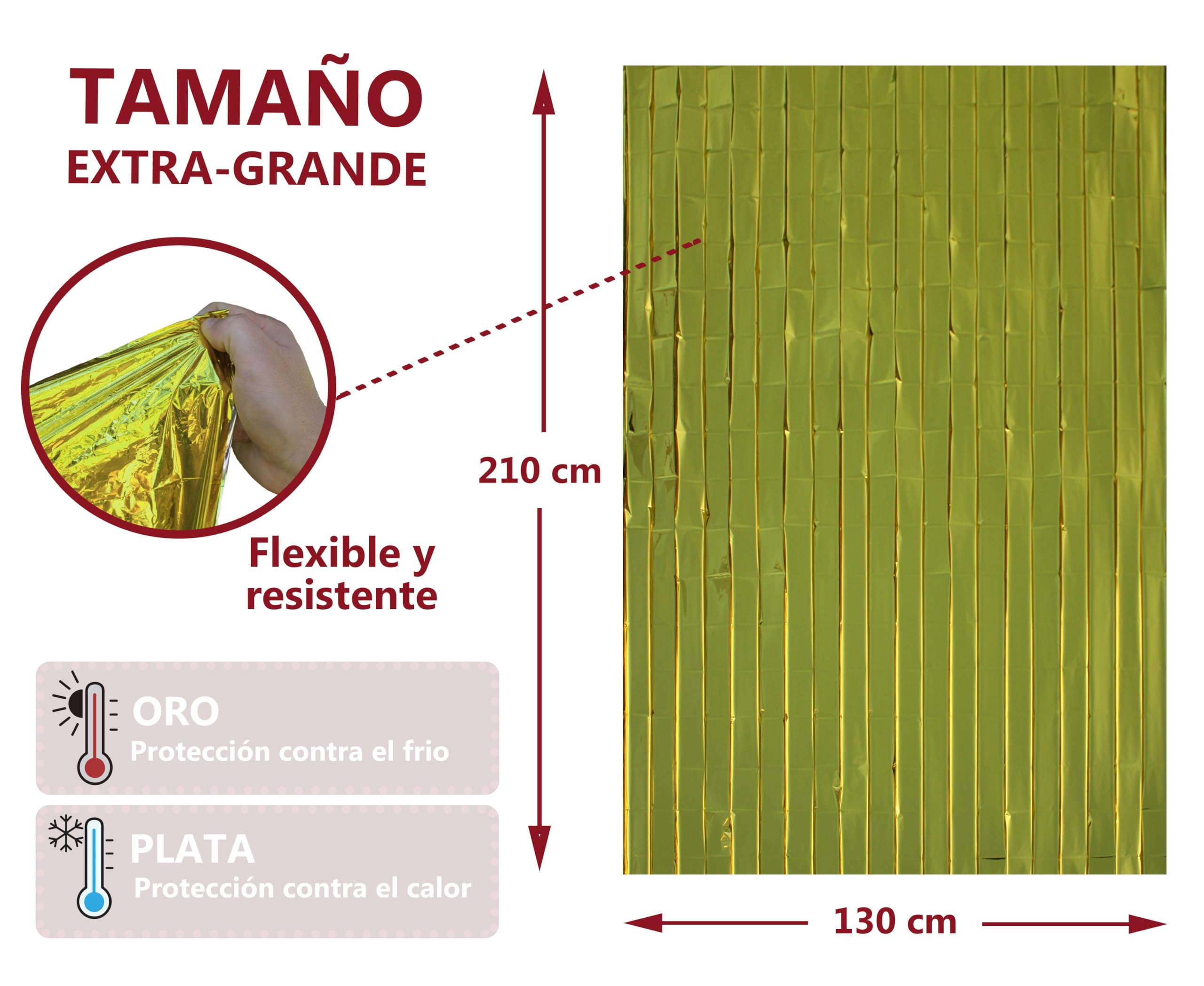 5 Mantas térmicas Supervivencia Emergencia Plata y Oro para frío y Calor Extremo Extralargas con Estuche Compacto Protector, Creado en España para Estar Seguro Ante Condiciones climáticas Adversas