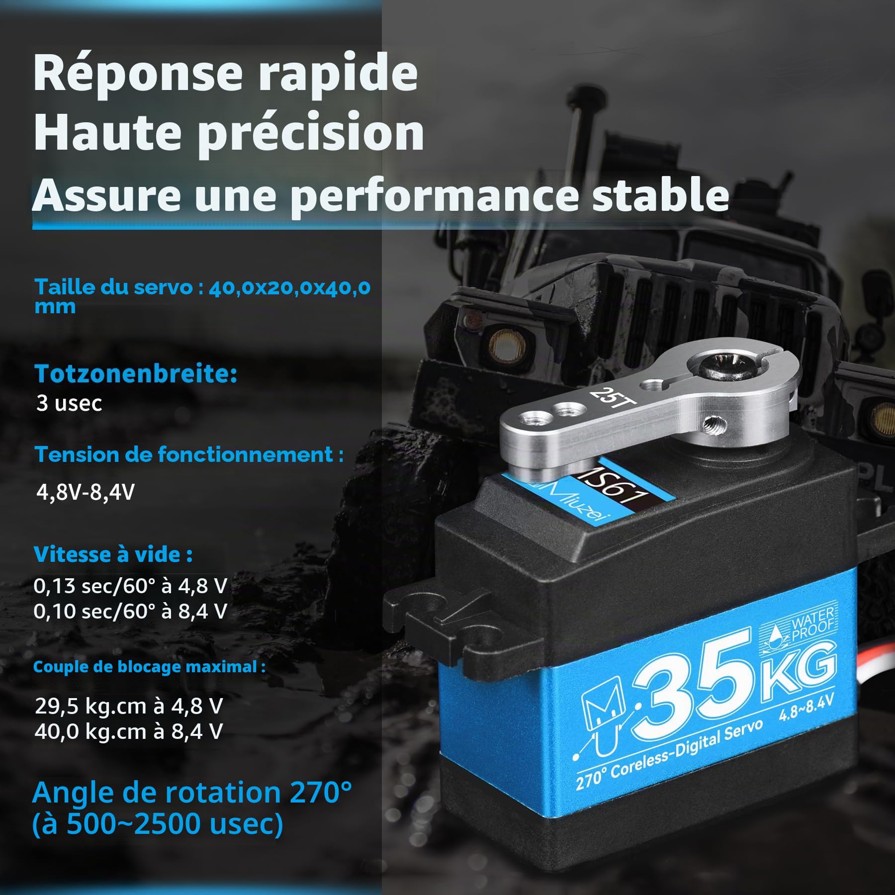 Miuzei Servo RC 35 kg 270° Digital Servomoteur Boîte de Vitesses en Métal Étanche 8,4 V pour Voiture 1/10 1/8 Robot Bras Avion