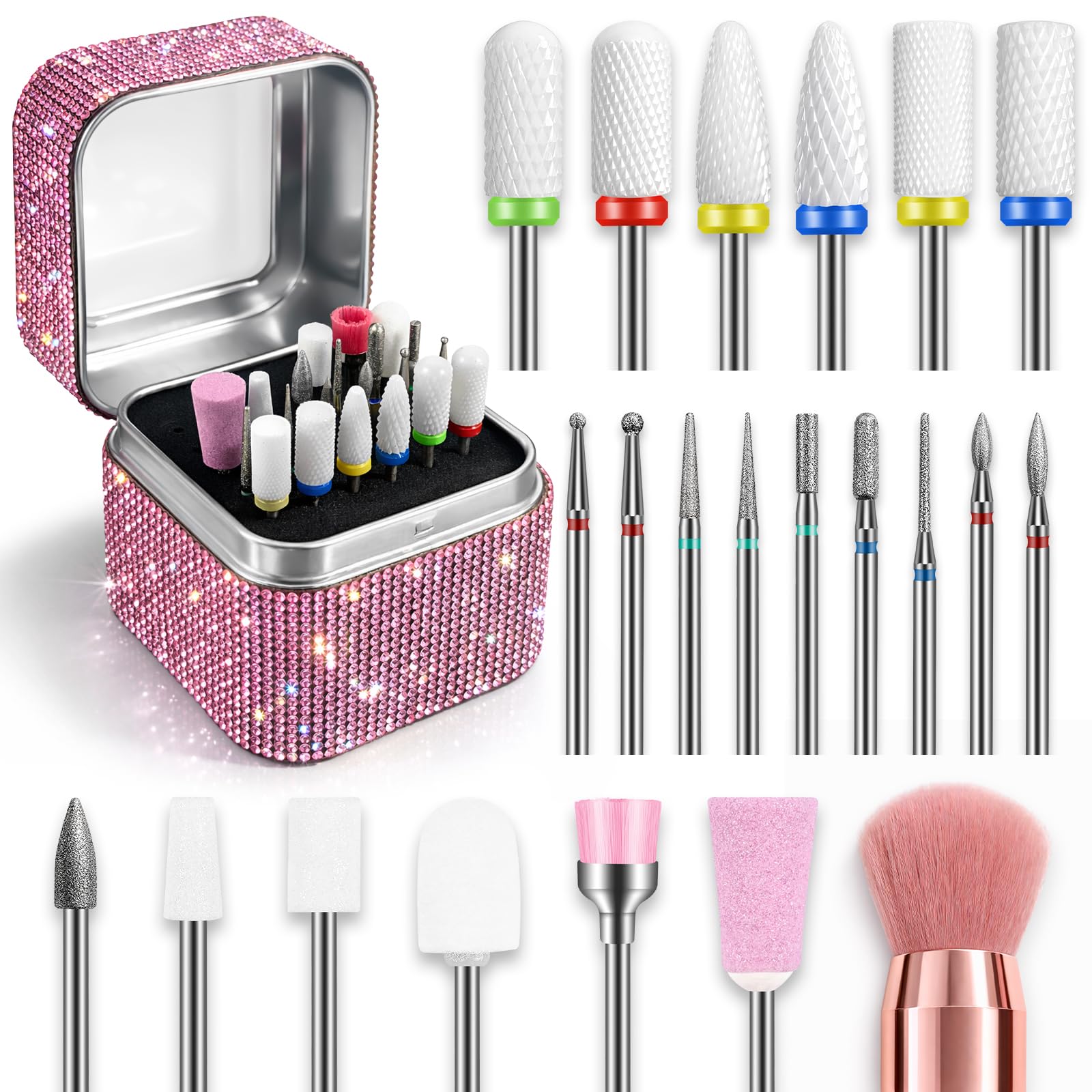 Nagelbohrer-Set für Anfänger: 22-teiliges Nagel-Bits mit tragbarem Haltergehäuse, 3/32 Zoll Keramik-Diamantkarbid, Acrylgel, Nagelkunst-Werkzeug-Set, Nagelhautentferner-Bit für Maniküre Pediküre zu