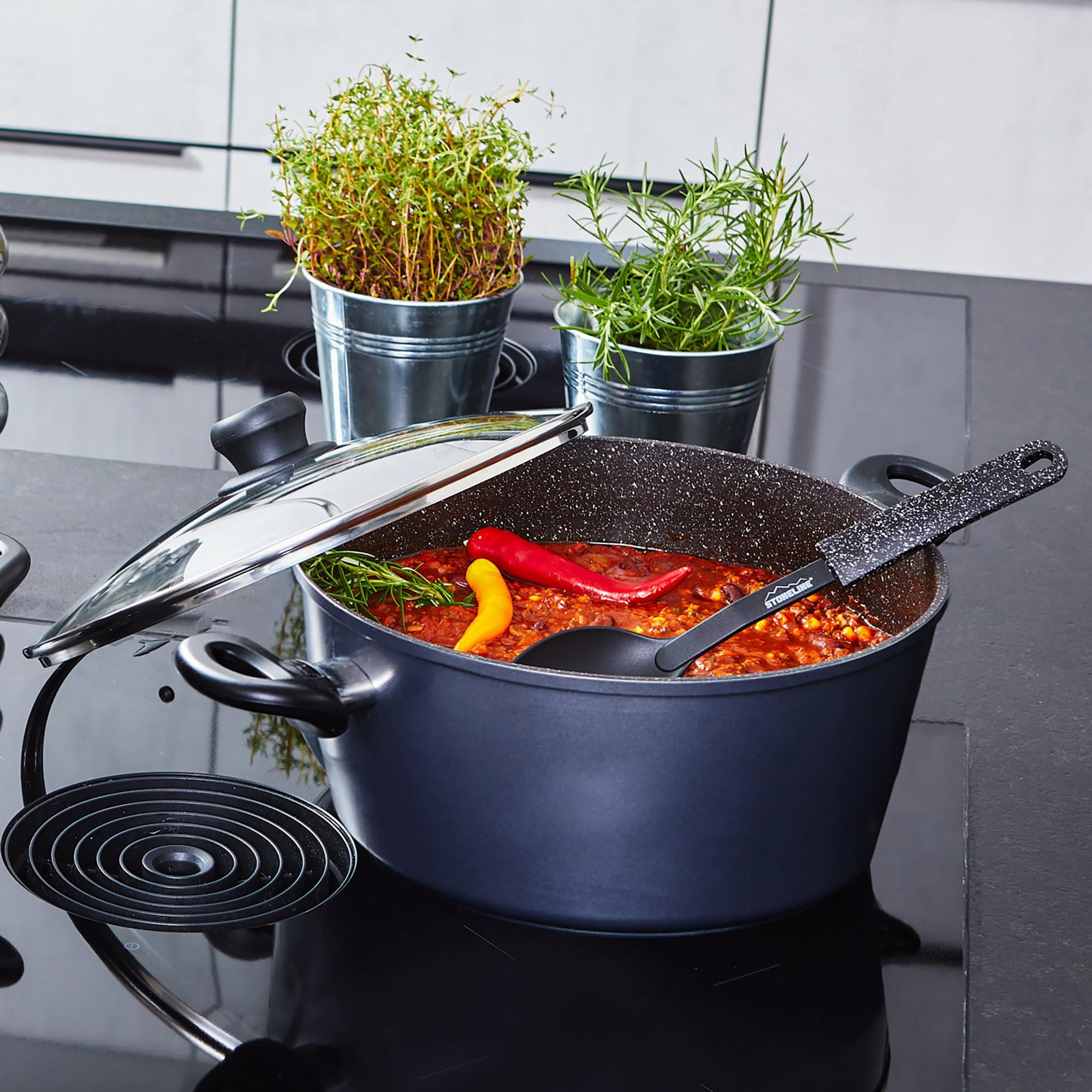STONELINE XXXL Aluguss Kochtopf 32 cm, Großer Topf mit Deckel 10,6 L, Antihaft beschichtet mit echten Steinpartikeln, Kochtopf Induktion 32 cm, alle Herdarten, Backofen, Kochen ohne Fett oder Öl, Grau