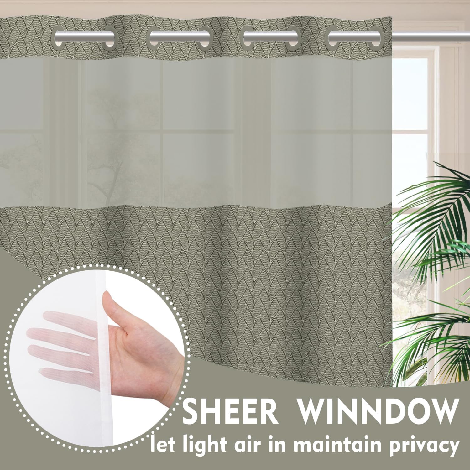 No Hook Shower Curtain with Snap in Liner Set Grey Fabric Cloth Modern Shower Curtain for Hotel Bathroom Decor 71x74 Inch
