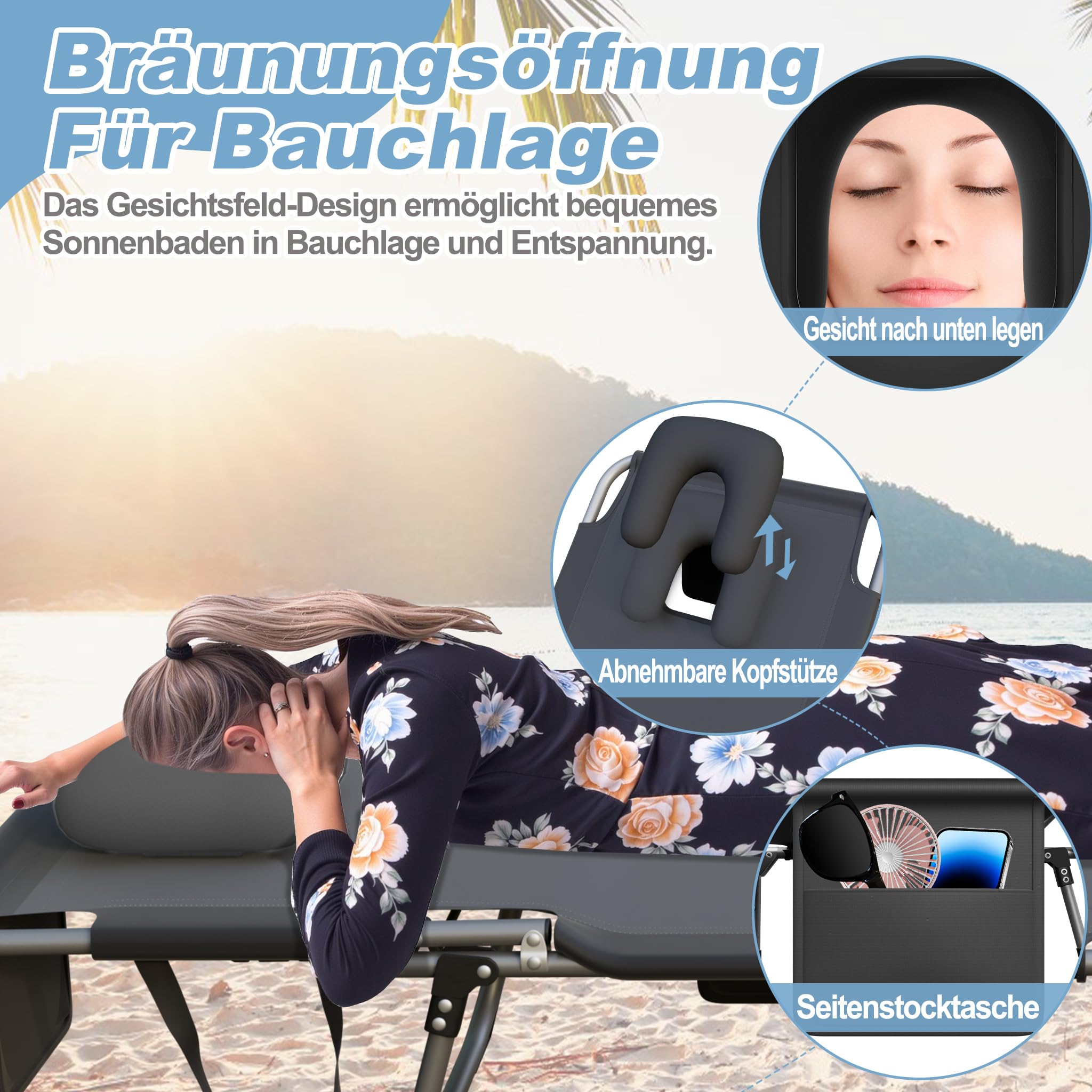 AufuN Sonnenliege Faltbare mit Gesichtsöffnung bis 160kg, 2pcs Strandliege mit Kopfkissen & Tragegriffe & Seitentasche, 3-Fach Verstellbare Liegefläche, Gartenliege für Strandurlaub,Dunkelgrau