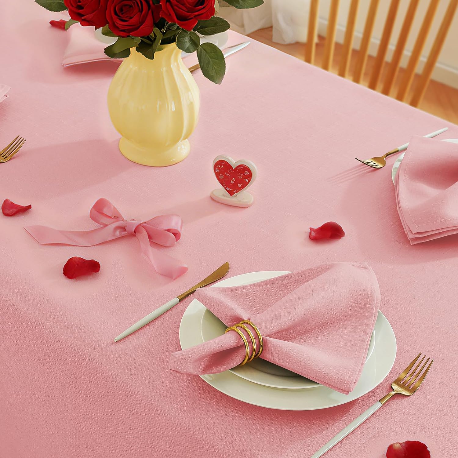 SASTYBALE 2-Pack Mother's Day Pink Faux Linen Tablecloth 60x84 Inch Rectangle - Spill-Proof Stain Resistant Wrinkle-Free Decorative Cover for Romantic Dinner, Kitchen & Wedding Party