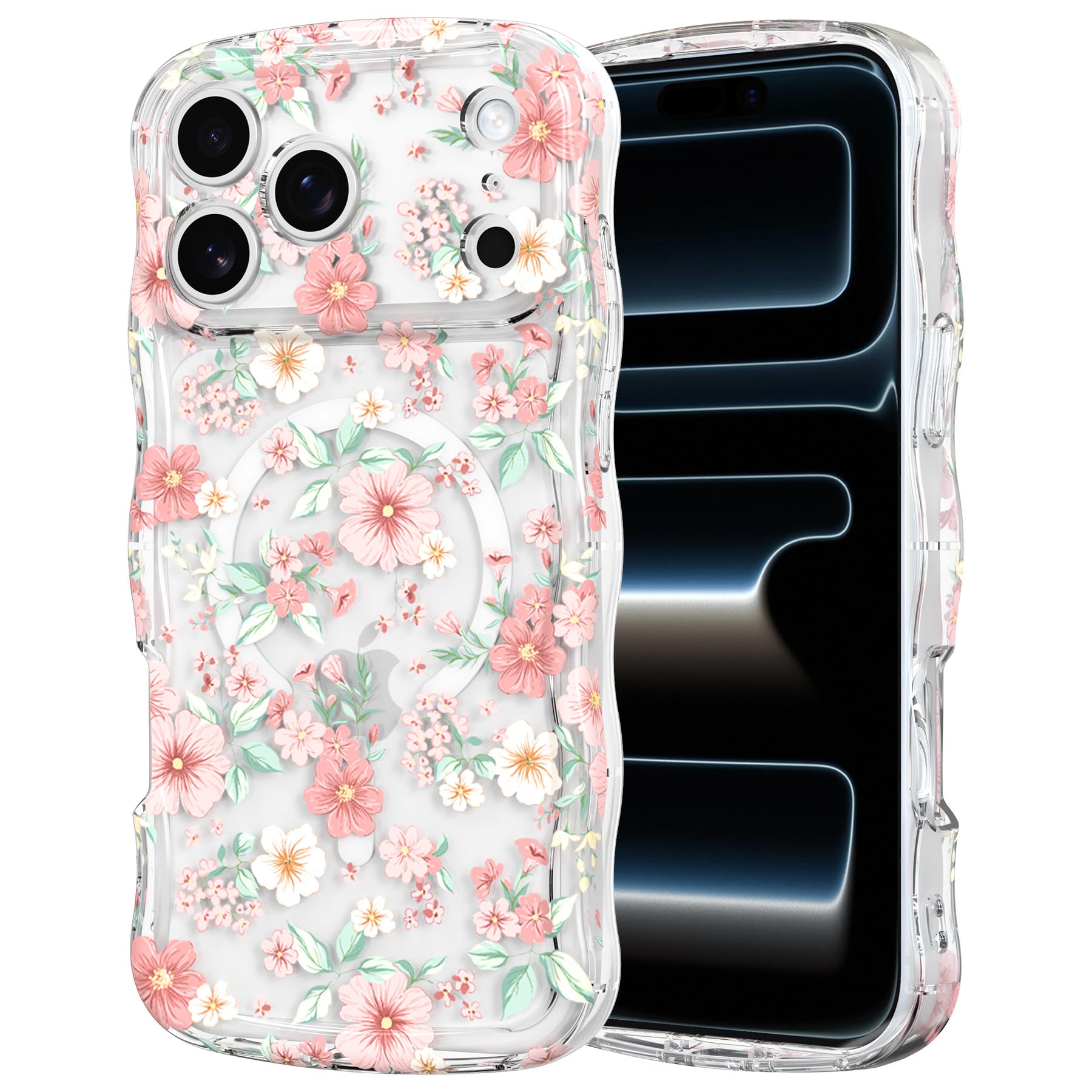 RALEAVO Magnetic Case for iPhone 17 Pro Max, Compatible with Magsafe Flower Cute Wavy Phone Case, Girls Women Curly Floral Cover Shockproof Hard PC Protective Cover for iPhone 17 Pro Max-Pink Flower