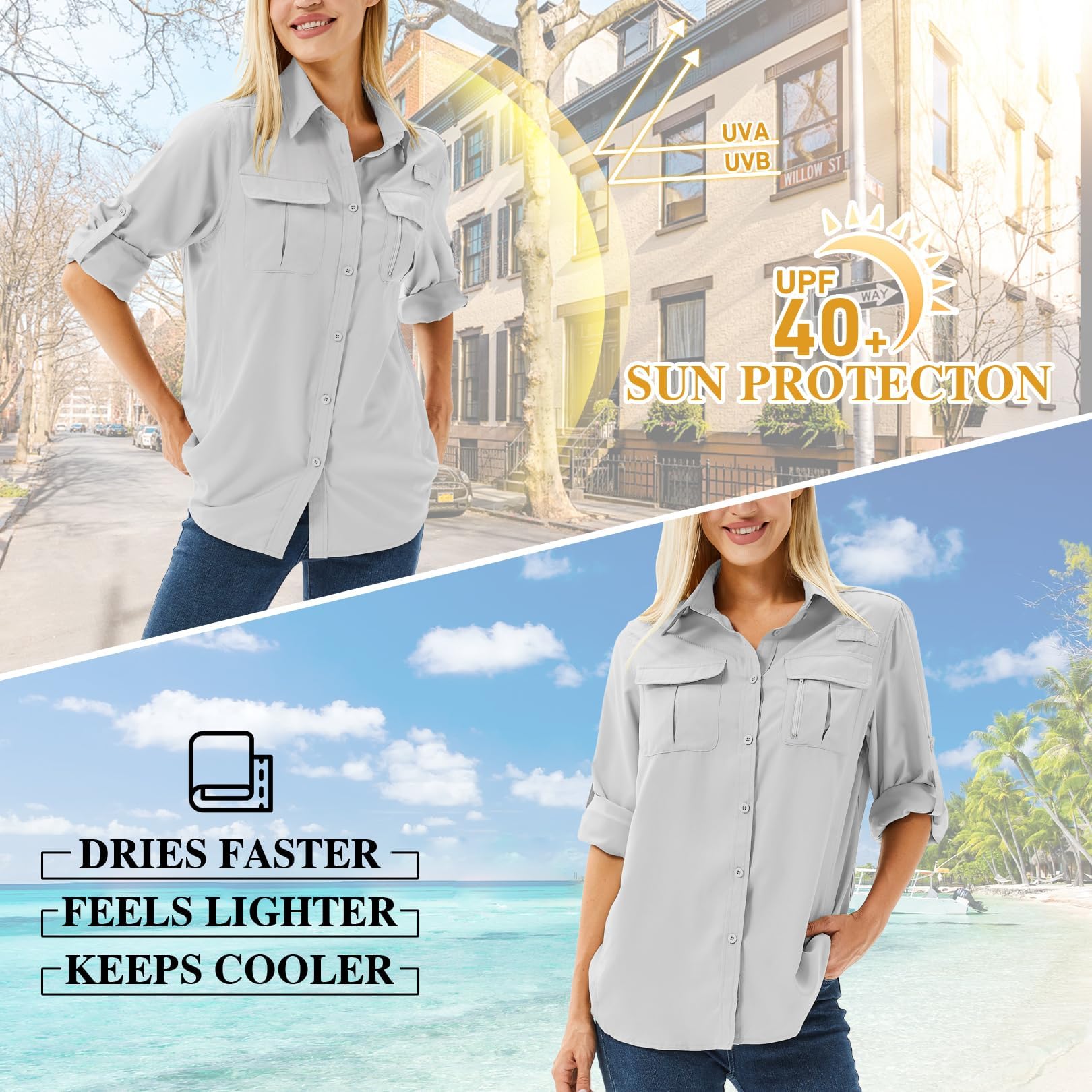 Camicie da donna lunghe da trekking top da donna manica protezione solare UV asciugatura rapida casual all'aperto safari passeggiate pesca escursionismo viaggi camicie