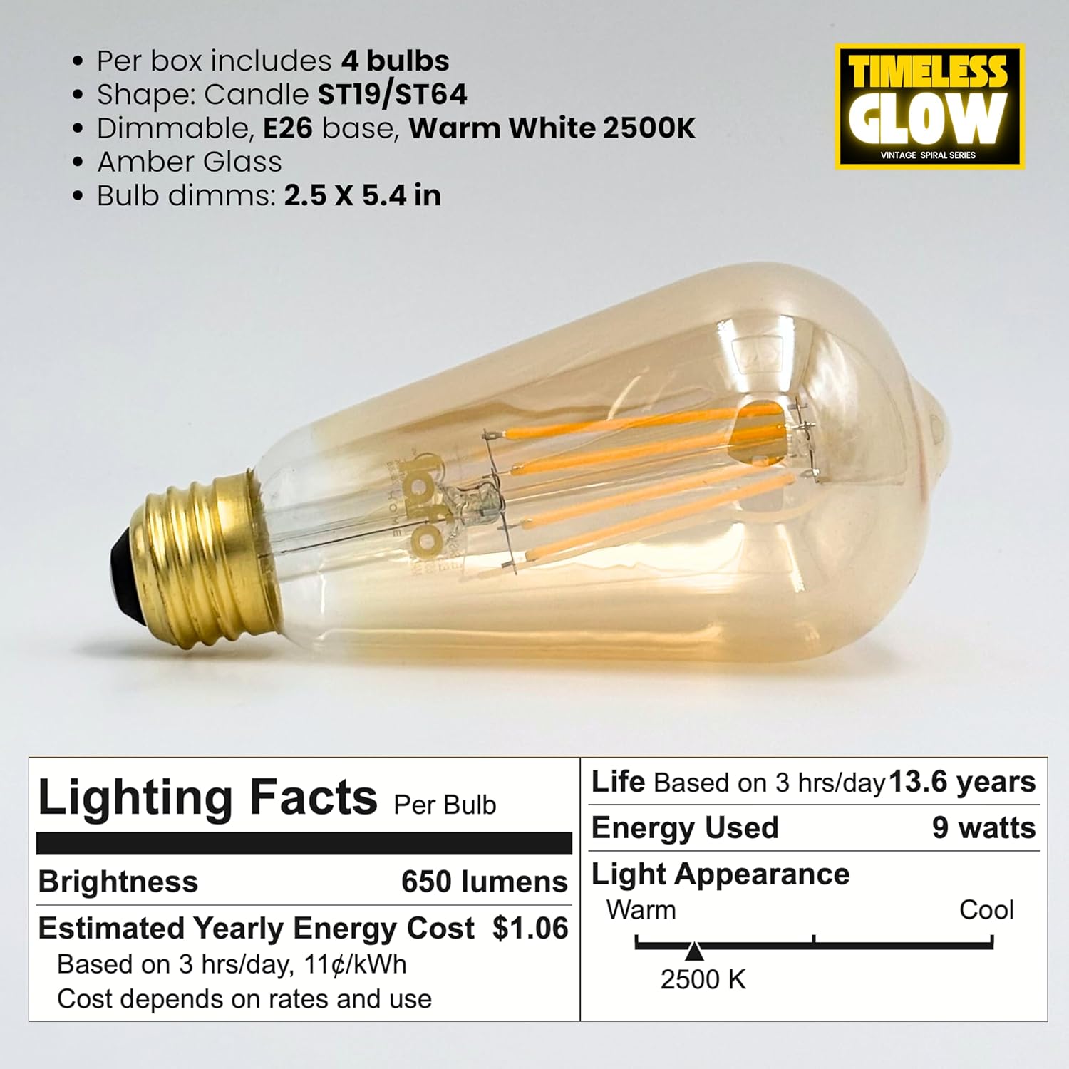 8 Pack Dimmable ST19/ST64 LED Edison Bulb 9W 60W Equivalent 650 Lumens Soft Amber 2500K E26 Base CRI90 Amber Glass Straight Filament ETL FCC Certified Vintage Lighting