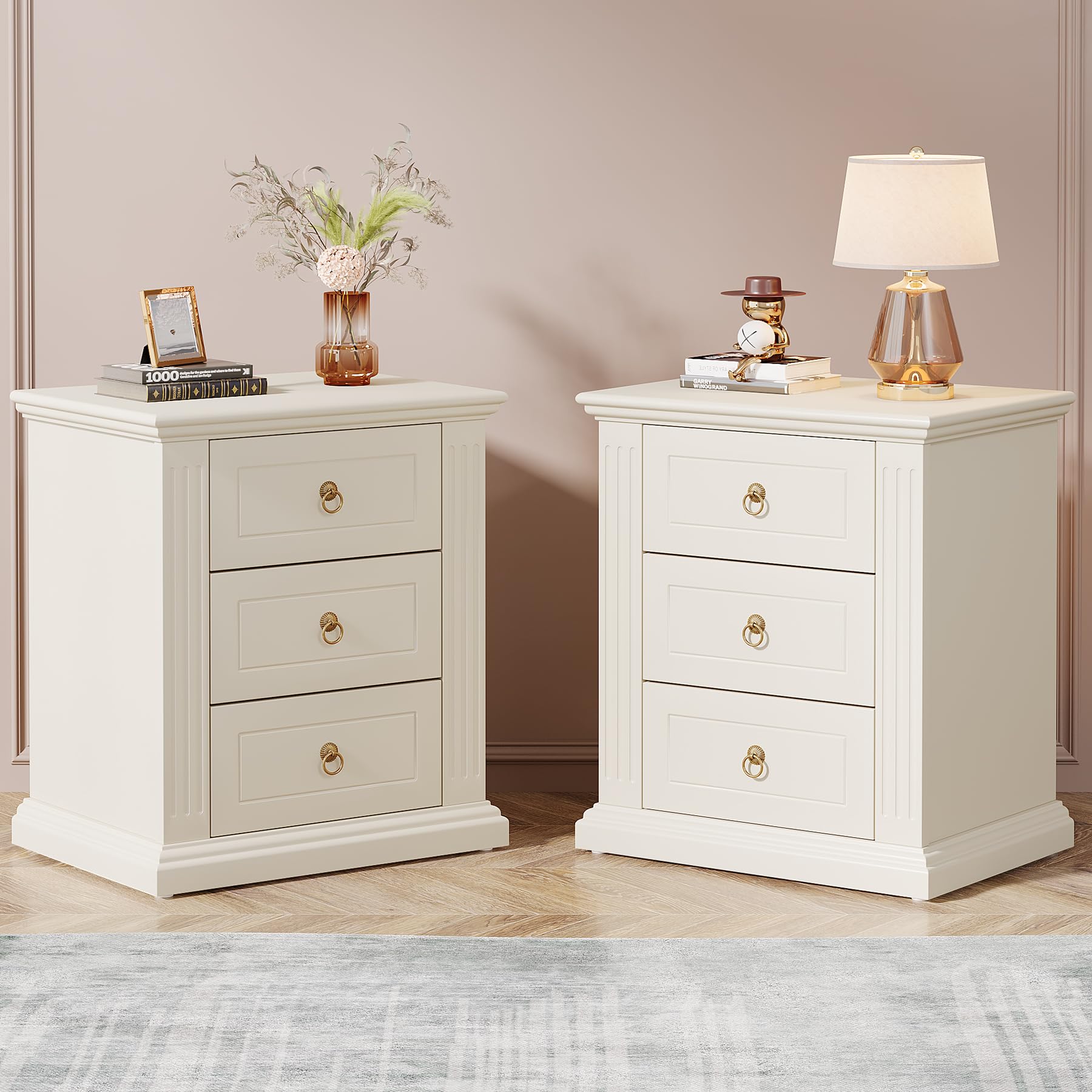 Tribesigns 3-Drawer Nightstand Set of 2, Wood Night Stand with Storage Drawers, Modern Bedside Table Side End Table for Bedroom, Beige