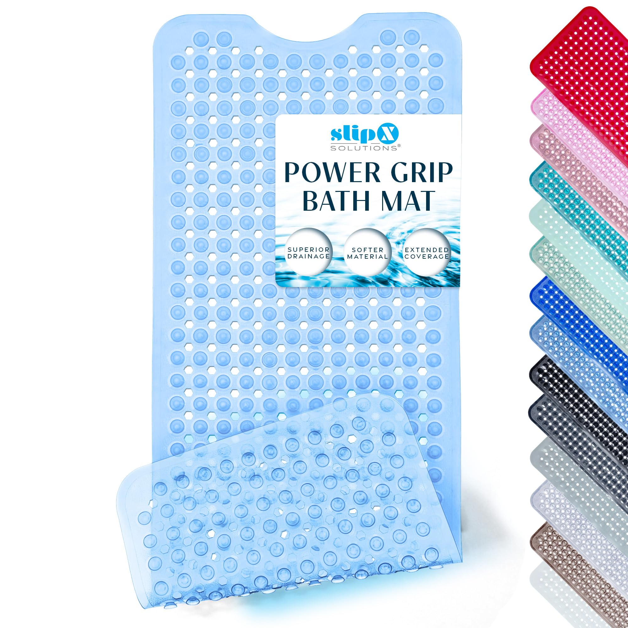 SlipX Solutions Power Grip Bathtub Safety Mat | Precision Grip Technology for Longer, Stronger, & Softer Wet Surface Protection | Clear Light Blue 39"