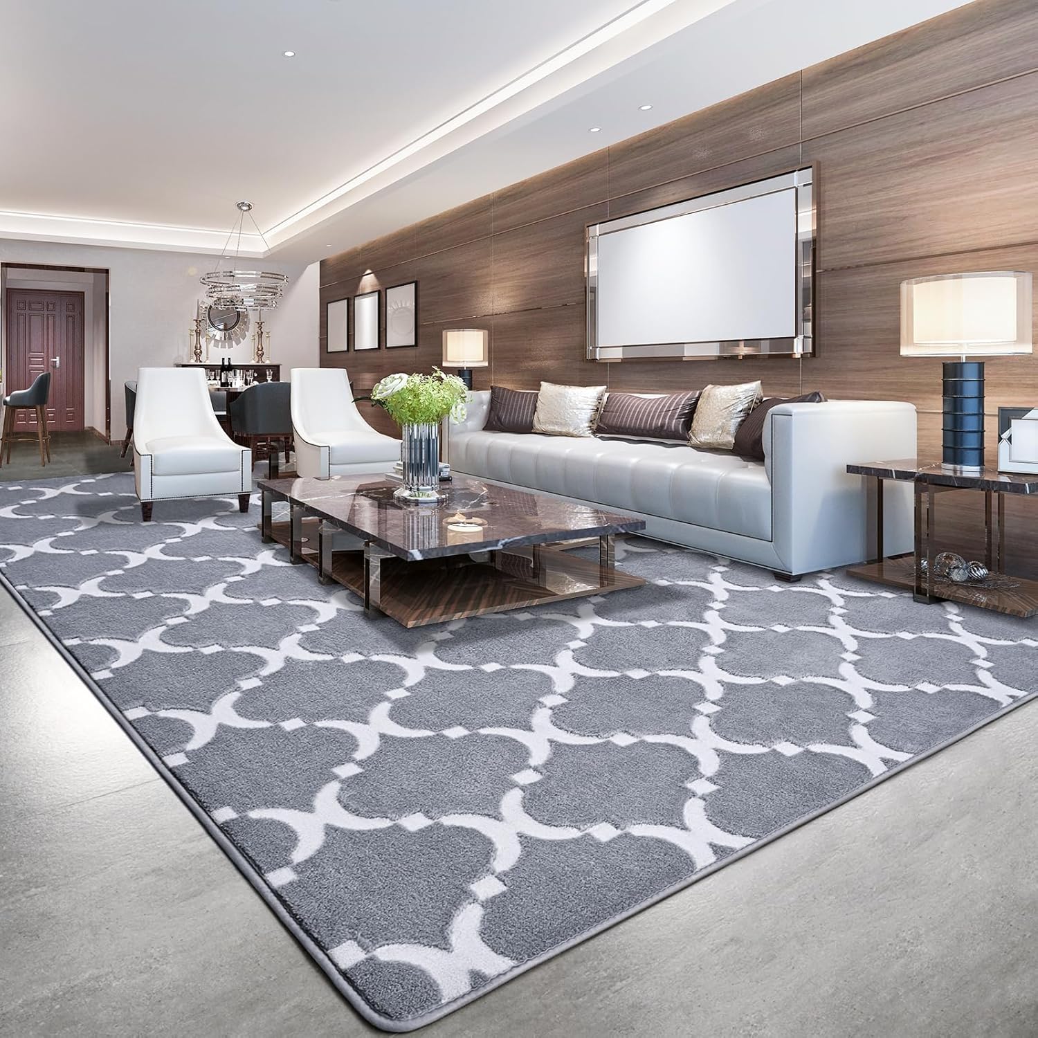 Comeet Modern Geometric Shag Area Rug for Bedroom, 6x9 Memory Foam Floor Mat Washable Non-Slip Rug, Indoor Carpet for Living Room Bedside Office Kids Nursery Dorm Room Decor, Grey/White