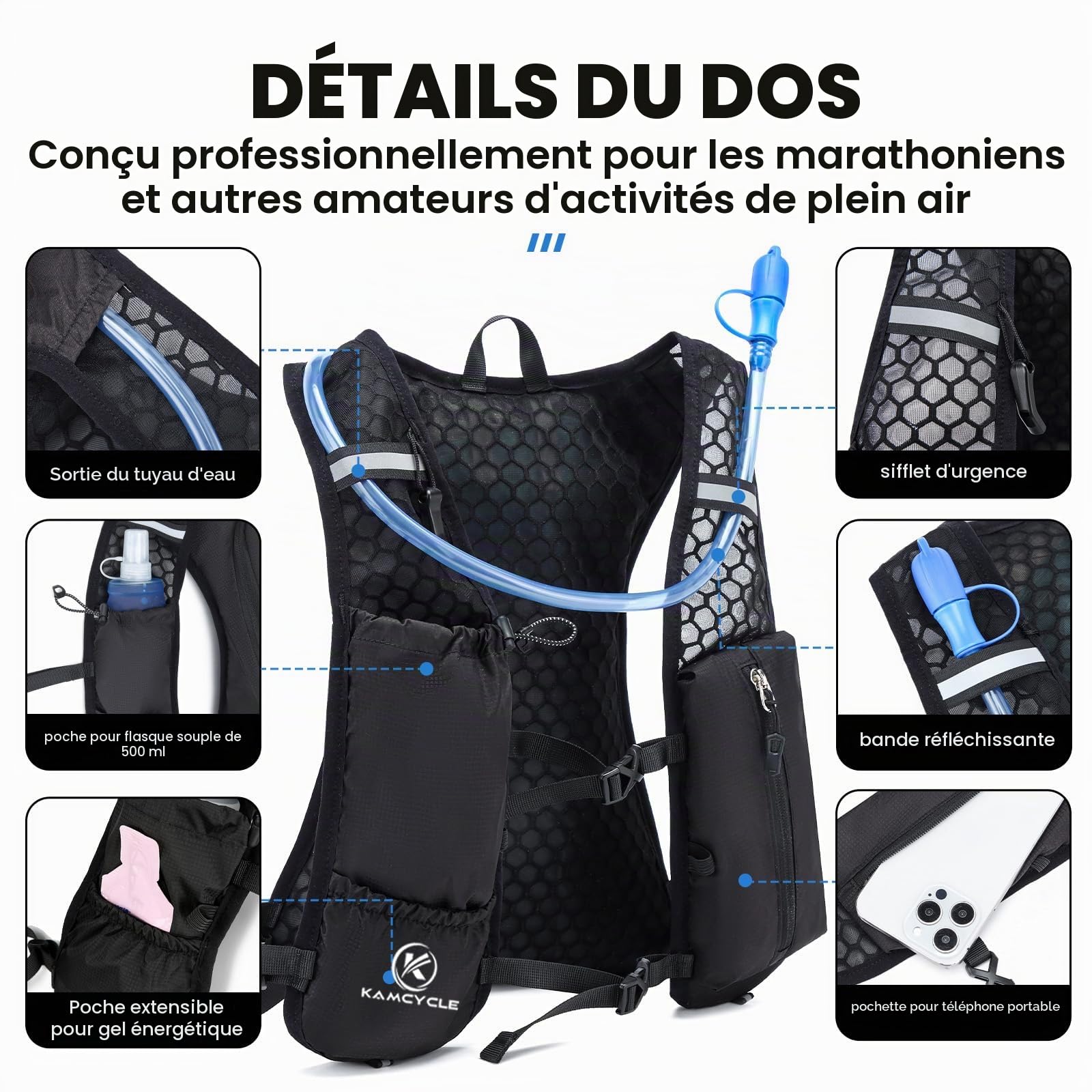 Sac à dos d'hydratation - Gilet de course avec bouteille souple de 500 ml et poche à eau de 2 l - Gilet de course - Ultra léger 180 g et respirant - Sac à dos de course pour homme et femme
