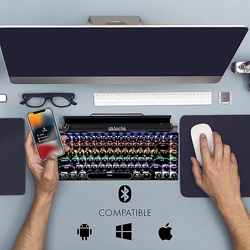 Miniatura 5 de Eklectik Teclado de máquina de escribir vintage inalámbrico Bluetooth, mecánico de 83 teclas, 14 modos de luz LED, USB C, interruptores azules,
